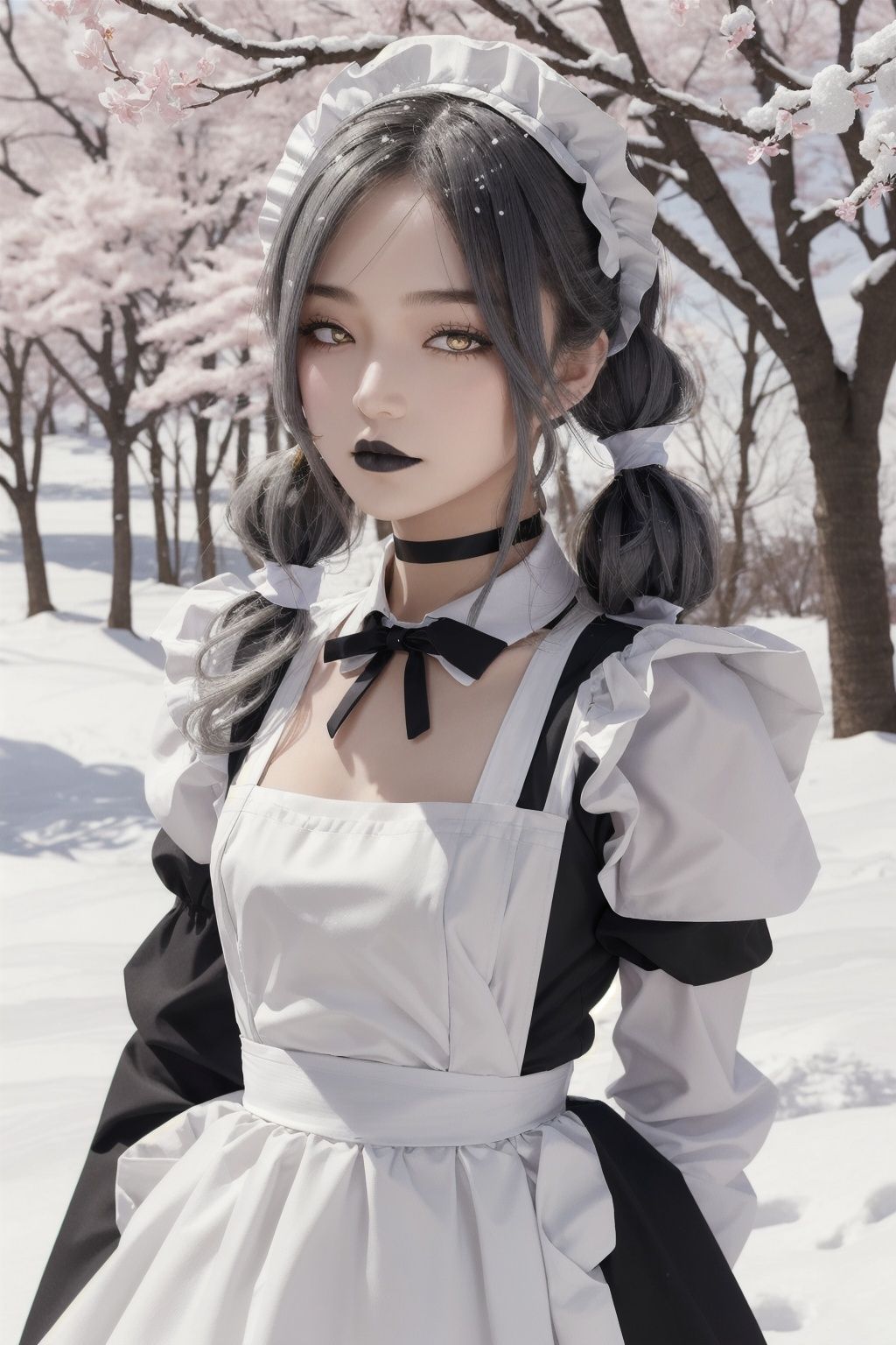 1girl, gray hair, tall, flat chest,neutral face, Delicate skin tone, black lips, low twintails, realistic, gold eyes,  black choker, maid headdress, maid apron, long sleeves, enmaided, black dress, puffy sleeves, collared dress, white apron, juliet sleeves, ascot, frilled apron, snow, sakura tree