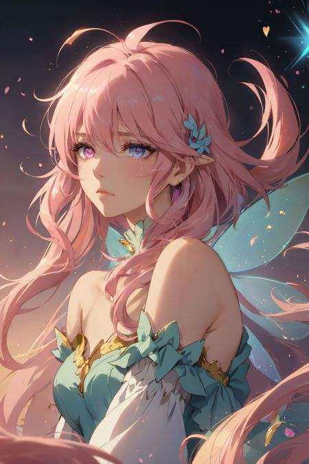 With pink hair and rainbow eyes,  beautiful as a fairy,  A melancholy expression that stirs affection on Tensor.Art