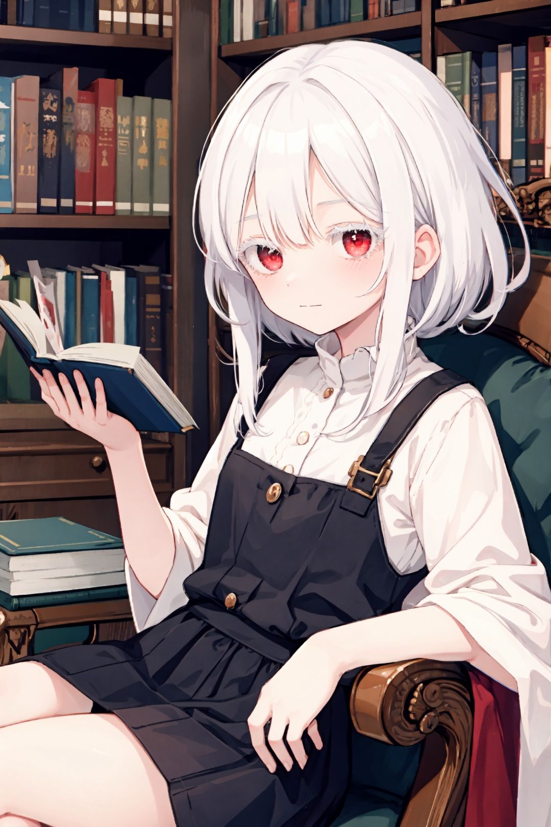 upper body, 1girl, white hair, (colored eyelashes, white eyelashes:1.2), sleepy, faint smile, (smile:0.8), closed mouth, head down, sitting on armchair, looking at viewer, hand on own knee, book on knee, red  eyes, indoor, bookshelf,  <lora:colored_eyelashes000:1>,  