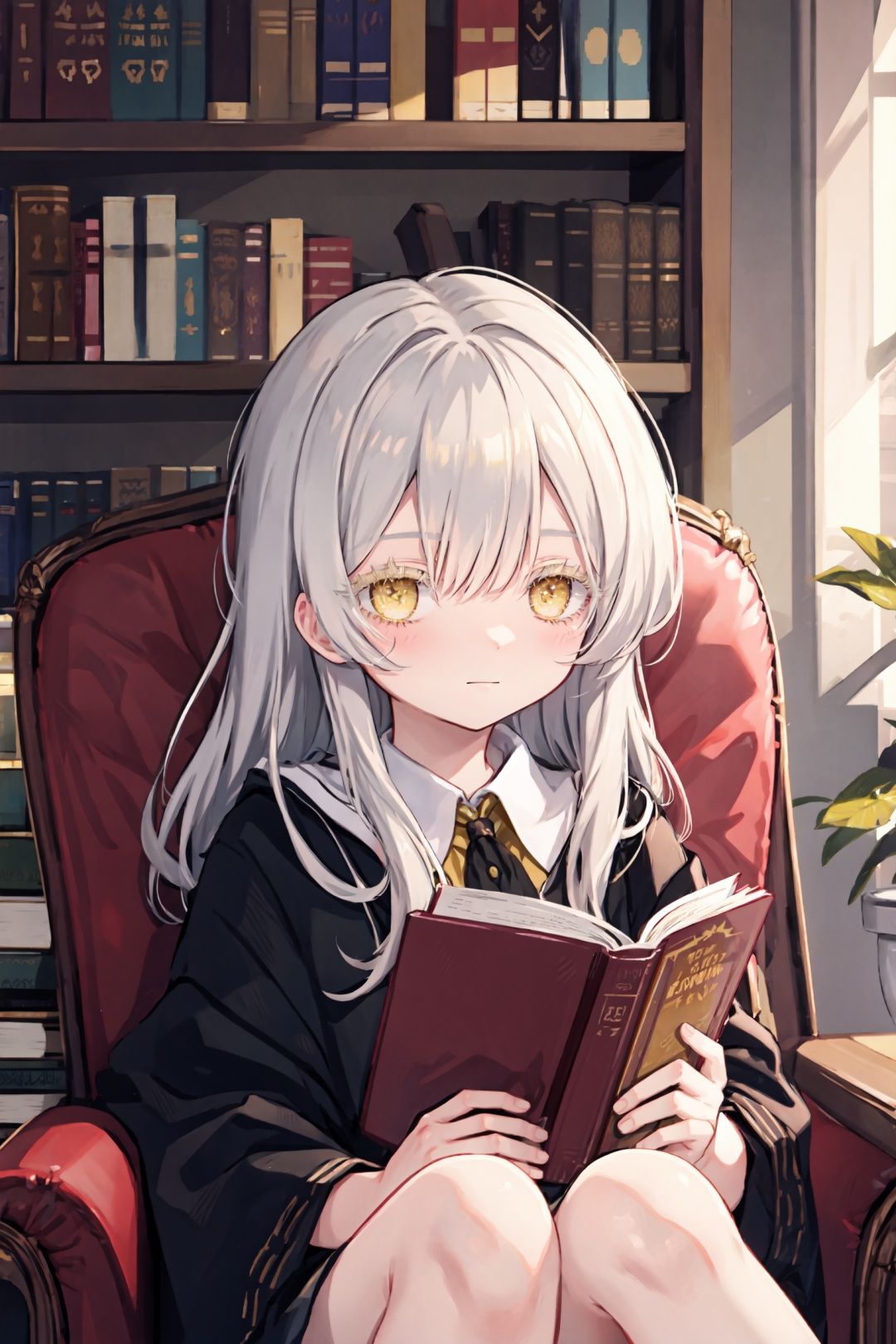 upper body, 1girl, blonde hair, (colored eyelashes, yellow eyelashes:1.2), sleepy, faint smile, (smile:0.8), closed mouth, head down, sitting on armchair, looking at viewer, hand on own knee, book on knee,  silver eyes, indoor, bookshelf,  <lora:colored_eyelashes000:1>,  