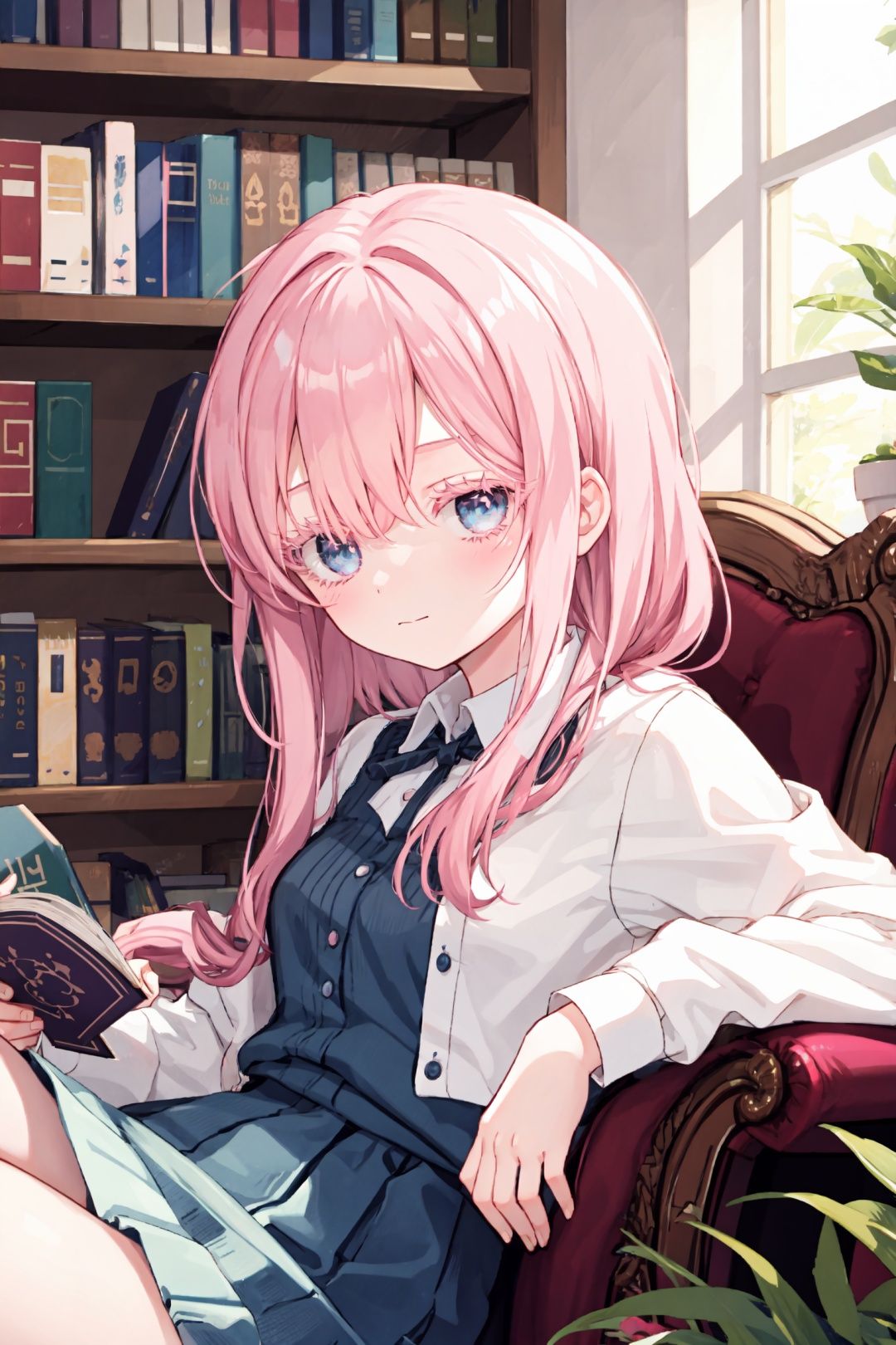 upper body, 1girl, pink hair, (colored eyelashes, pink eyelashes:1.2), sleepy, faint smile, (smile:0.8), closed mouth, head down, sitting on armchair, looking at viewer, hand on own knee, book on knee, blue  eyes, indoor, bookshelf,  <lora:colored_eyelashes000:1>,  