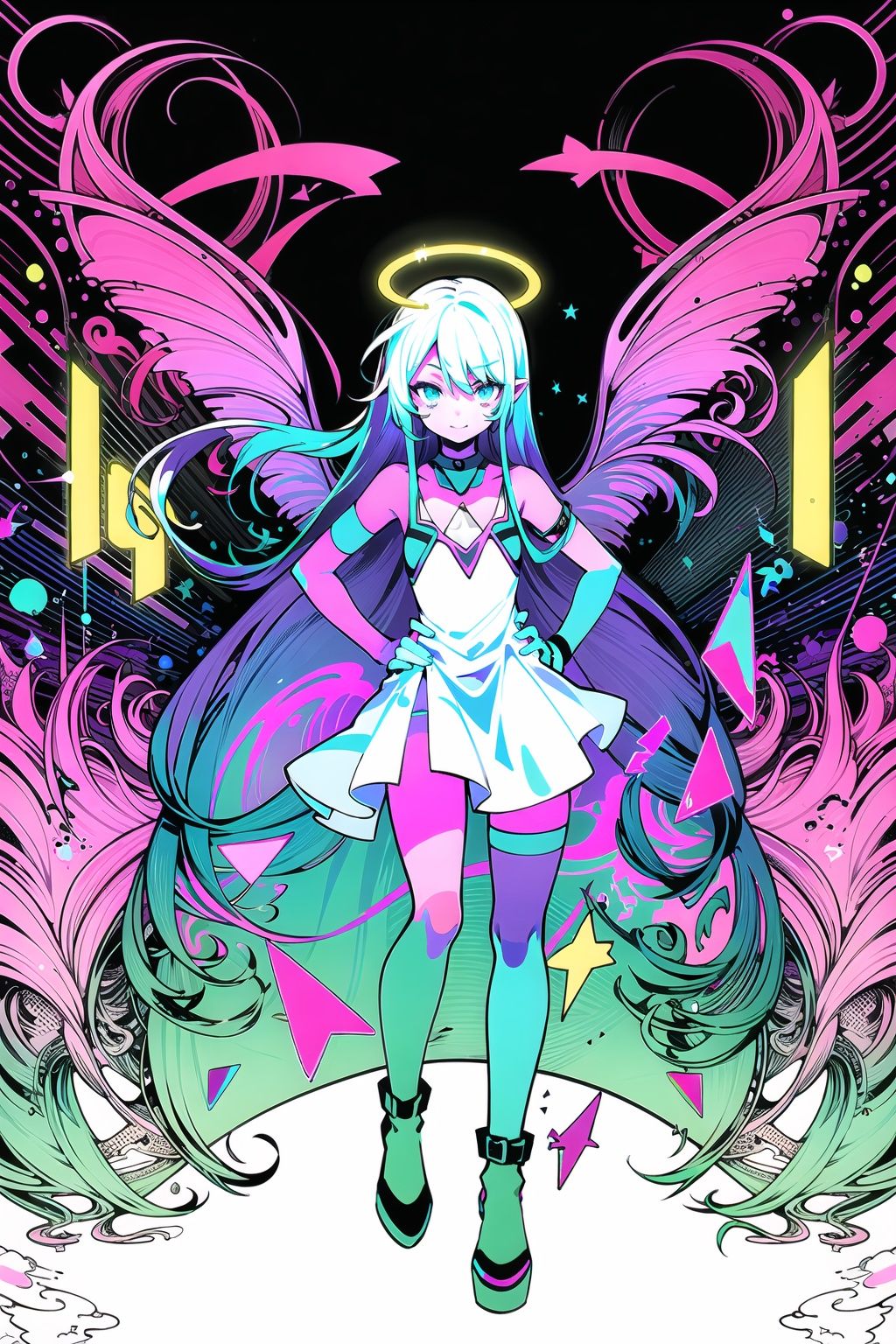[(black background:1.4)::20],
[[bottle bottom]::0.5], (isometric:1.0),
(succubus:1.2),
(1 girl:1.2), solo, (short white hair:1.2) , (refreshing eyes:1.1) ,(crazy smile:0.8), (flat chest), (dress), (glitch digital glowing wings), (full body:1.0),
(beautiful detailed eyes:1.0), (detailed face:1.0),
standing, (one hand on hip:1.2) ,looking at you,
///////////////////////////
//////////////////////////
/////////////////////////
psychedelic art, glitch art, abstract art, concept art, ,(point_color:1.4),(RGB Splitting:1.3),(god rays), (extremely detailed light), (science_fiction:1.2),
(trippy:1.2),(colorful ink:1.2), (floating colorful ink droplet ),
(triangle shape:1.3),
(Lilith of night:1.3),
(data flow),
(gradient_background:1.1),(glitch background),(digital data flow pixel halo:1.2), (fluorescent graffiti :1.2),(neon light:1.2), (glowstick:1.2), (floating triangle glass fragments:1.2)