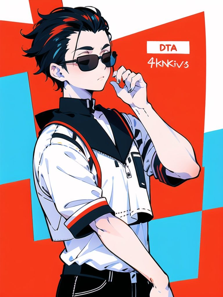 //
( code background), (data background,:1.2),
//
multicolored_background,red and white background,sam yang, (1boy:1.3), (short white hair,hair slicked back,:1.2)black sunglasses, expressionless,cowboy shot, no_eyes,(colored inner hair, colored_tips,:1.2)