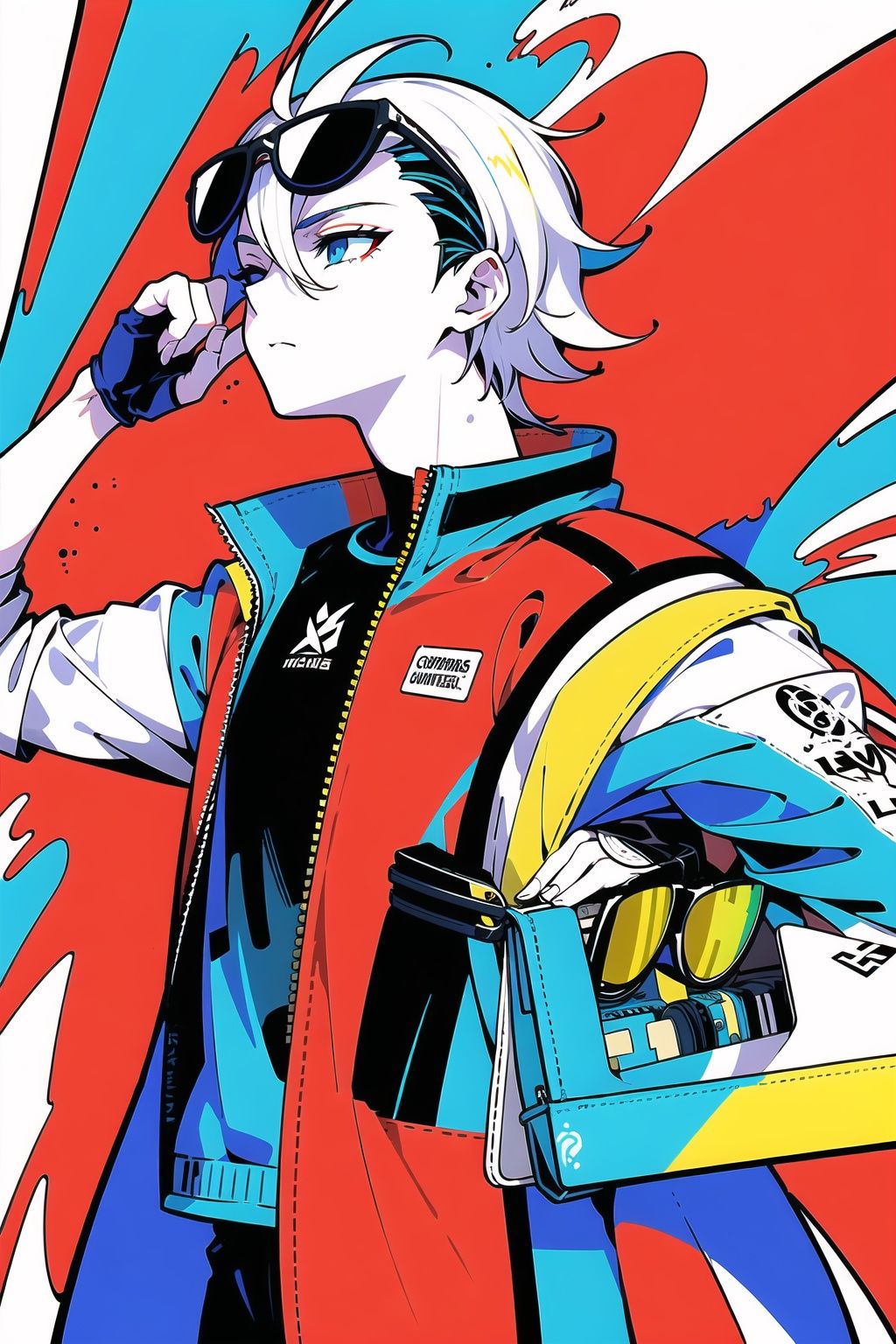 //
( code background), (data background,:1.2),
//
multicolored_background,red and white background,sam yang, (1boy:1.3), (short white hair,hair slicked back,:1.2)black sunglasses, expressionless,cowboy shot, no_eyes,(colored inner hair, colored_tips,:1.2)