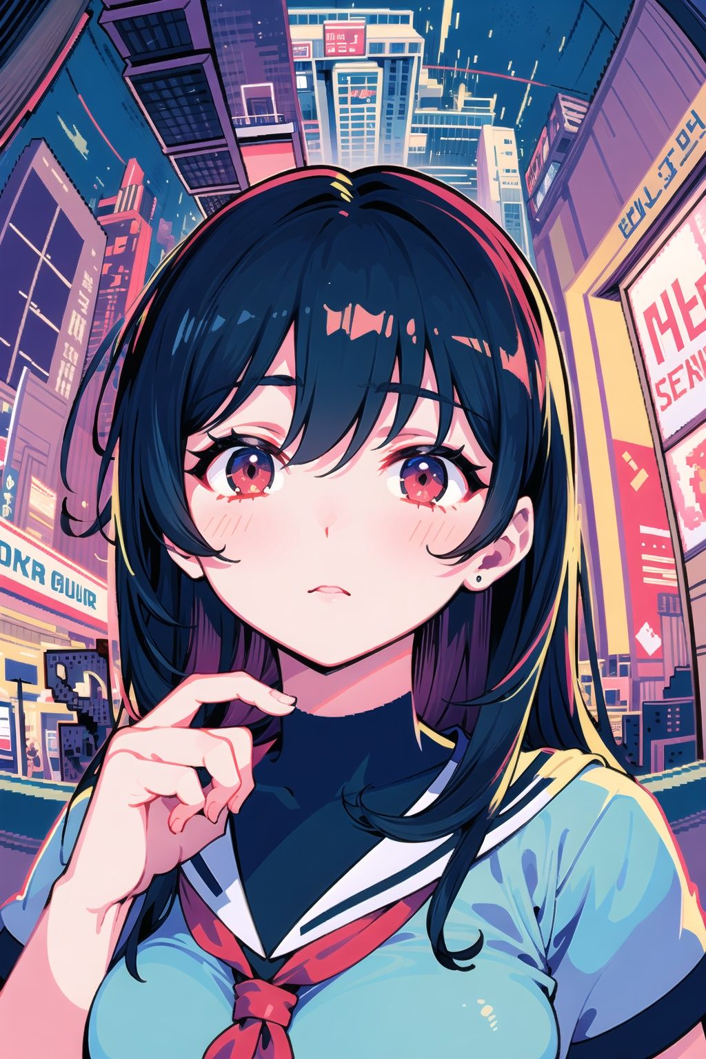 (pixel art:1.4),Beautiful detailed girl, extremely delicate and beautiful girls,
masterpiece,best quality,official art,extremely detailed CG unity 8k wallpaper, masterpiece, best quality,(Fisheye lens:1.4),((close up)),++++++++++++++++(2girl:1.4),(Beautiful face:1.2)(black hair), long bangs, (hair scrunchie), (head tilt),(red eyes),((Exquisite eyes)), (serafuku:1.3), (Grab the camera),(Look up),(Face away from the camera)++++++++++++++++++++++++++++++++++++(cityscape,in the cyberpunk city, haze,medium breasts, Complex overpass,flyover,night,Glass curtain wall,Neon light,billboard:1.4),+++++++++rain,Water on the ground,Beautiful water reflection