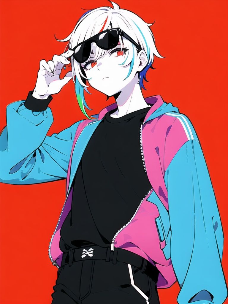//( code background), (data background,:1.2),//multicolored_background,red and white background,sam yang, (1boy:1.3), (short white hair,hair slicked back,:1.2)black sunglasses, expressionless,cowboy shot, no_eyes,(colored inner hair, colored_tips,:1.2)