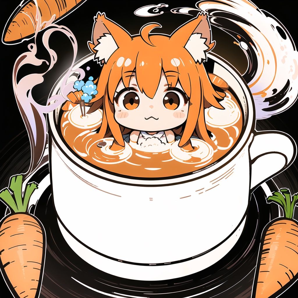 white background, masterpiece, extremely detailed, (circle shape, Carrot soup color, water floating, high saturation:1.3), (chibi, thick outline:1.2),
(1 cute yukkuri shiteitte ne), (sitting inside a big pot, long hair, cat ear, detailed cute face),Liquid body,
(smoked),(big spots),surrounded by shining bubbles,(Diffuse smoke, boiling water,)