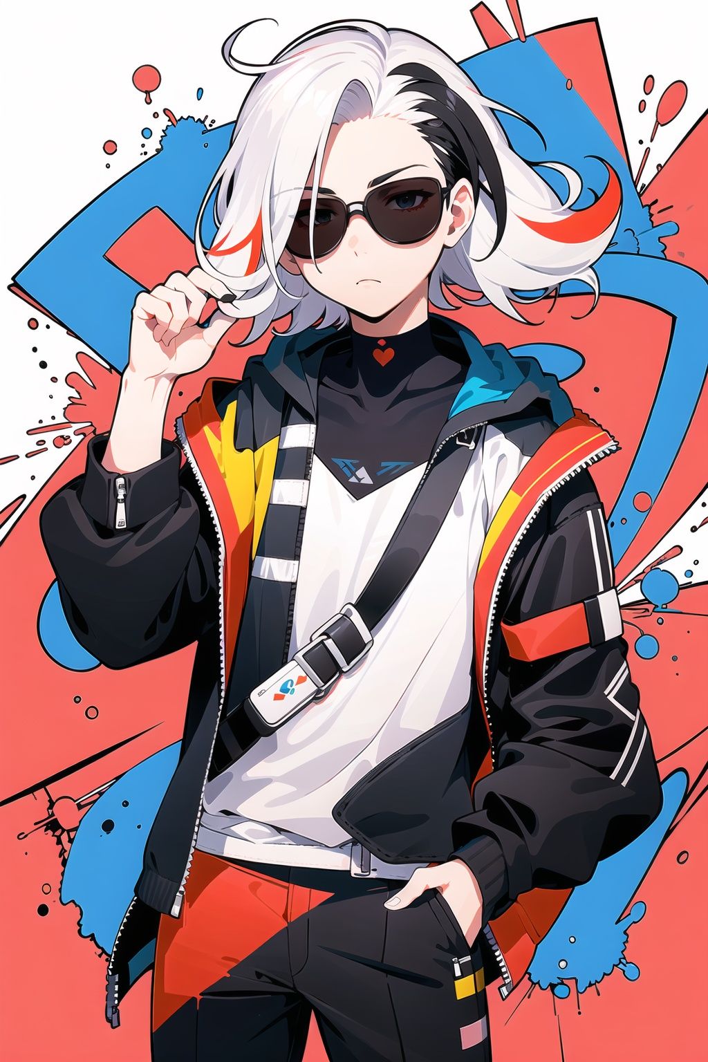 //
( code background), (data background,:1.2),
//
multicolored_background,red and white background,sam yang, (1boy:1.3), (short white hair,hair slicked back,:1.2)black sunglasses, expressionless,cowboy shot, no_eyes,(colored inner hair, colored_tips,:1.2)