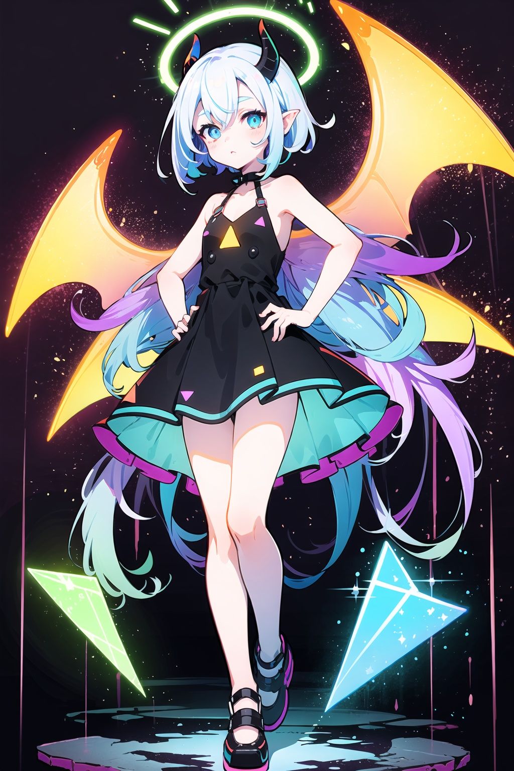[(black background:1.4)::20],
[[bottle bottom]::0.5], (isometric:1.0),
(succubus:1.2),
(1 girl:1.2), solo, (short white hair:1.2) , (refreshing eyes:1.1) ,(crazy smile:0.8), (flat chest), (dress), (glitch digital glowing wings), (full body:1.0),
(beautiful detailed eyes:1.0), (detailed face:1.0),
standing, (one hand on hip:1.2) ,looking at you,
///////////////////////////
//////////////////////////
/////////////////////////
psychedelic art, glitch art, abstract art, concept art, ,(point_color:1.4),(RGB Splitting:1.3),(god rays), (extremely detailed light), (science_fiction:1.2),
(trippy:1.2),(colorful ink:1.2), (floating colorful ink droplet ),
(triangle shape:1.3),
(Lilith of night:1.3),
(data flow),
(gradient_background:1.1),(glitch background),(digital data flow pixel halo:1.2), (fluorescent graffiti :1.2),(neon light:1.2), (glowstick:1.2), (floating triangle glass fragments:1.2)
