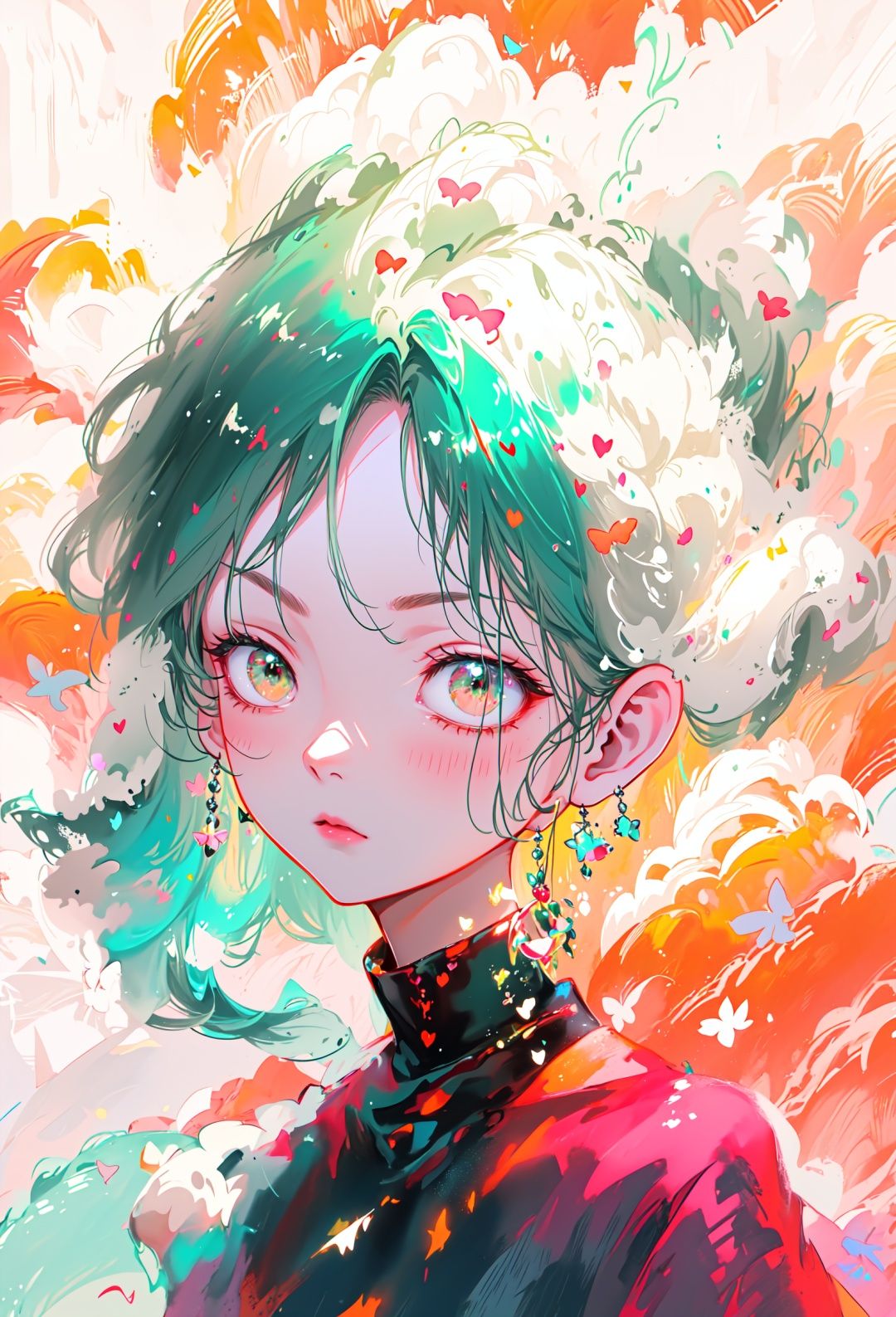 1girl,Close-up of face character, watercolor illustration of character, digital impressian-style color, bright, dynamic Angle, medium depth of field, ((++ green and orange cloud sea: 2.0+)), delicate hand painting, red green long hair, elegant, breeze, white gauze, water light, high purity, bubble, bubble, splash, red green cloud sea, cyan, orange, watercolor faint, cyan eyes, messy color, complex background, flow, layer on layer, magnificent mystery, night, dark green, melancholy, light orange, rose red, light green, green blue, Light cyan, faint, elegant, fantasy, fairy, fog, water blue, elegant, romantic, sea of clouds, butterflies, smoke, elegant, sea of flowers, sea of stars, water vapor, dream, hazy, spray, green and red clouds,, masterpiece, best quality,