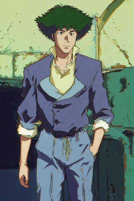 masterpiece, best quality,1boy,1980s \(style\), spike \(cowboy bebop\),green hair,