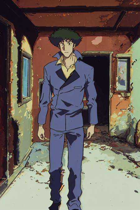 masterpiece, best quality,1boy,1980s \(style\), spike \(cowboy bebop\), aged down, 