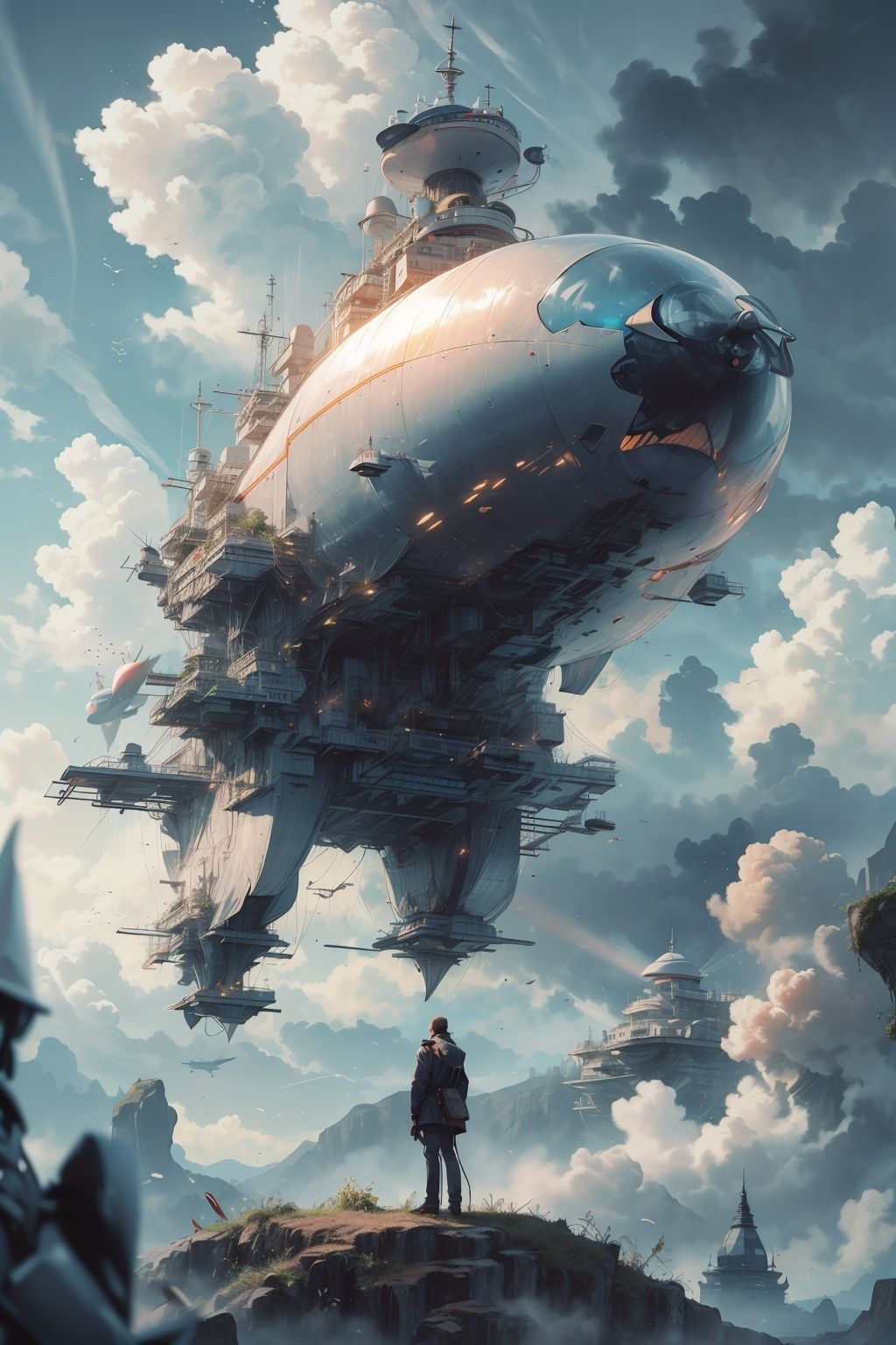 best quality,masterpiec,Megalophobia,giant phobia,Giant aircraft,cloud,sky,A airship inlaid with gemstones,Nautilus,in sky,aircraft,staray,A man looks up on the ground,low angle,Symmetrical composition, <lora:CrystallineAI-000009:0.6> neowrsk <lora:neowrsk_20230617030432-000001:0.8>