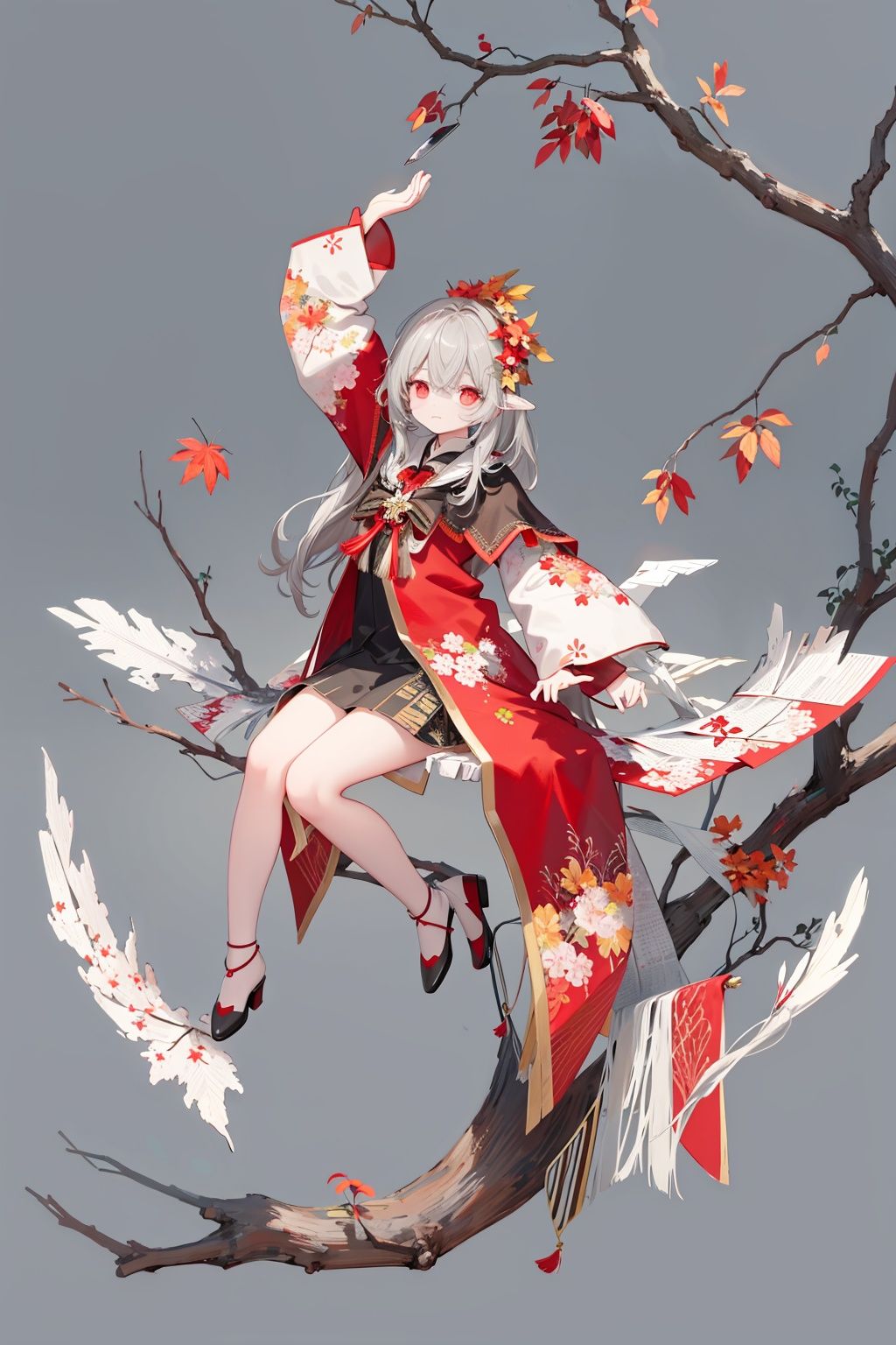 //,masterpiece,(best quality),(illustration),(colorful),//,full body,grey background,(broken face:1.2),((white and red)),growth,leaf,tree branch on head,branch, fractal,branch arm,branch legs,