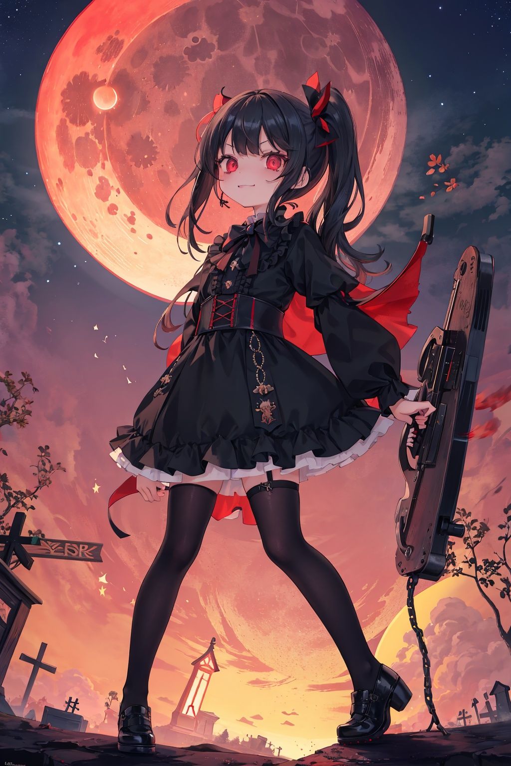 //,1girl,loli,(petite child:1.05),//,clockbackground,outdoors,Graveyards,(bloody moons:1.3), red moonlight, straight,weird scenes, scary styles, scares,full body,long black hair,blood red eyes, mad eyes, wild laughter,lolita,Gothic style,straight-on, blood on face, crazy, dark_persona, smirk,
