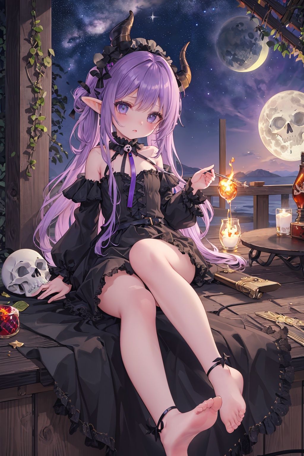 //,masterpiece, ((best quality)), (ultra-detailed), (illustration), an extremely delicate and beautiful, dynamic angle, chromatic aberration,((Medium shot)), ((colorful)),//,little girl,1girl,loli,petite,black dress,lolita,Bare foot,blue eyes,dark purple hair,long hair,Dead skin,Shiny skin,small breast,ringlet twin tail,(Skull headwear,Demon tail,Demon horn,elf,hair ribbon),despair,The crows were feeding on the rotting carcass,table,hell,Beelzebub,dark,night,(moon:1.02),star,meteor,milky way,