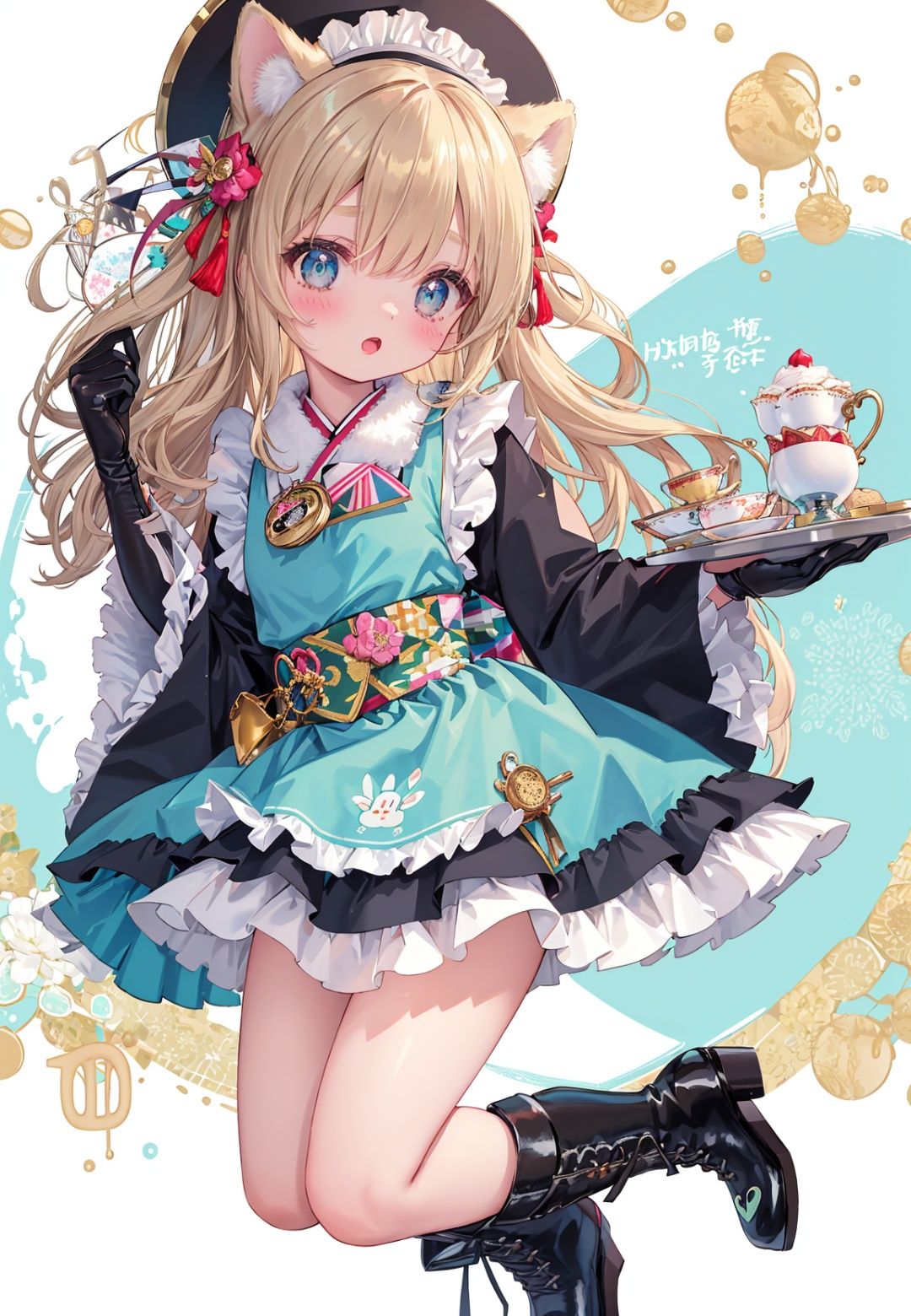 masterpiece, ((best quality)), (ultra-detailed), (illustration), dynamic angle, chromatic aberration, ((colorful)),//,1girl,loli,(petite child:1.05),//,1girl, gloves, bunny, cup, boots, teapot, white gloves, teacup, apron, wide sleeves, solo, new year, watch, japanese clothes, holding, tray, cookie, food, long hair, kimono, looking at viewer, frills, pocket watch, holding tray, happy new year, long sleeves, blue kimono, bangs, animal, black footwear, white apron, full body, fur trim, bonnet, blonde hair, sparkle, frilled apron, saucer, blue eyes, sash, animal ears, brown footwear, arm up, waist apron, fur-trimmed gloves, blush, heart, parted lips, signature, eyebrows visible through hair, 2021, plate, checkerboard cookie, white background, dated, obi, high heel boots, hair ornament, 2020, hat, open mouth, :o, holding plate, blue dress, aqua kimono, high heels, wa maid, green kimono, bow, rabbit ears, fake animal ears, tea, hand up, dress, frilled sleeves, chinese zodiac, aqua eyes, light brown hair, blue headwear, checkered, belt, striped, tilted headwear, maid apron, hairband, macaron, ribbon, cupcake,