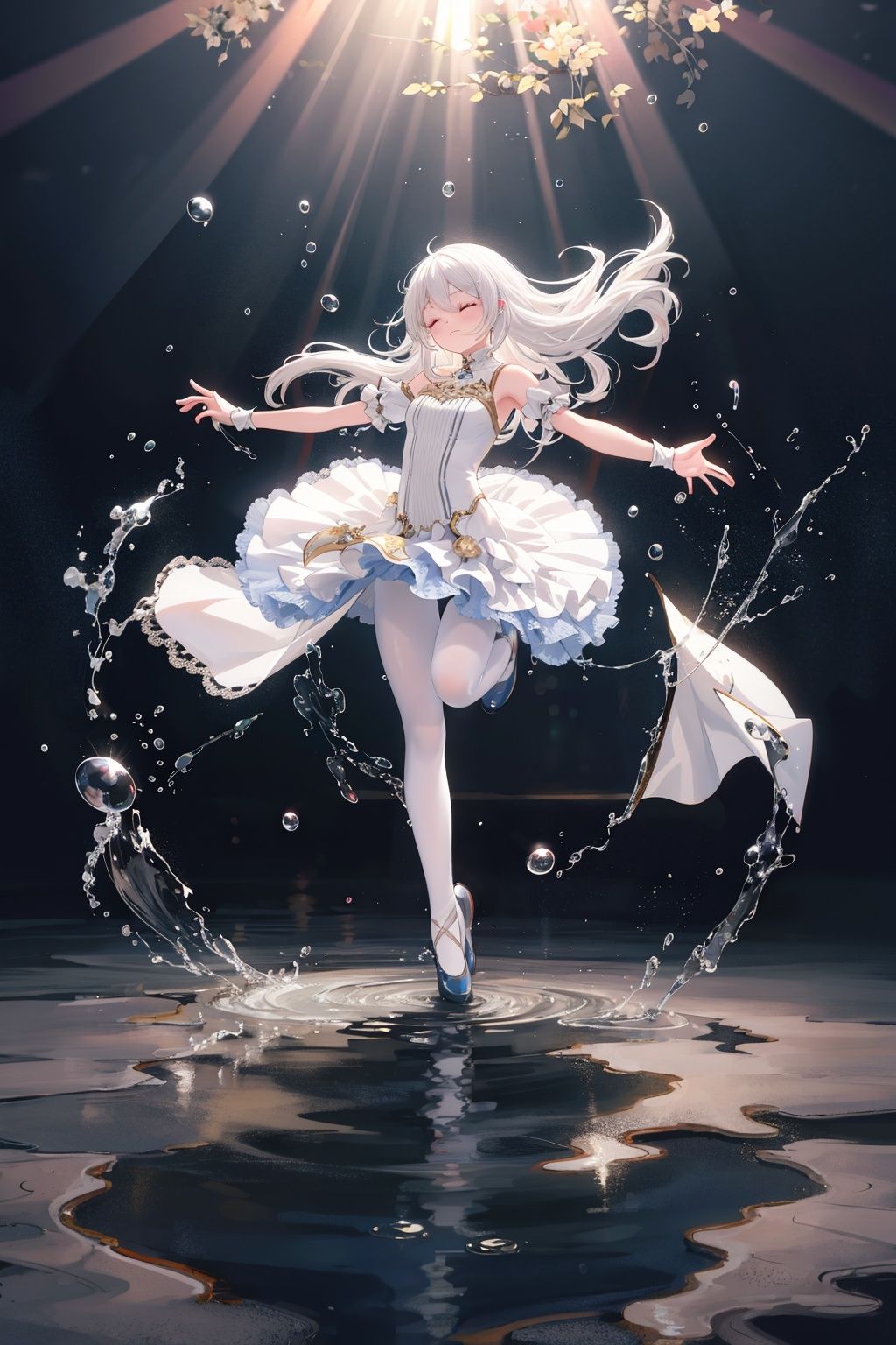 //,masterpiece,(best quality),(illustration),(colorful),//,1girl,white hair,long hair,floating hair, closed eyes,wet ballet dress, white_pantyhose,ballet slippers, ballet, stage,splash water,light particles,