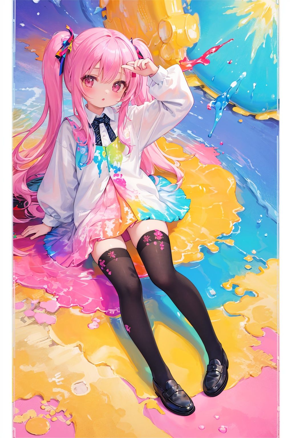 //,masterpiece, ((best quality)), (ultra-detailed), (illustration), an extremely delicate and beautiful, dynamic angle, chromatic aberration,((Medium shot)), ((colorful)),//,(full body:0.8),1girl,little girl,loli,stampede,full view,stockings_painting,loafers,Paint splash,tie-dye