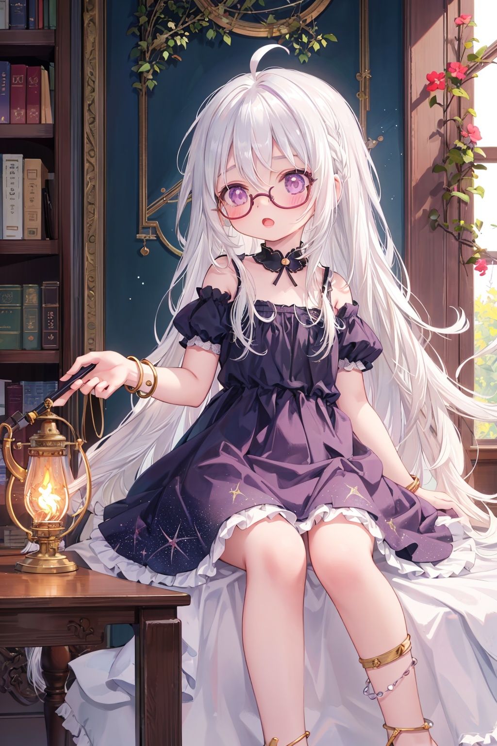 //,masterpiece, ((best quality)), (ultra-detailed), (illustration), an extremely delicate and beautiful, dynamic angle, chromatic aberration,((Medium shot)), ((colorful)),//,1girl,little girl,1girl,loli,petite,loli,looking away,Black rimmed glasses,dress,Constellation print,anklet,barefoot,sitting,(white hair:1.3),(long hair:1.3),ahoge,purple eyes,open mouth,(Dim light),classical,library, plant, Oil lamp,
