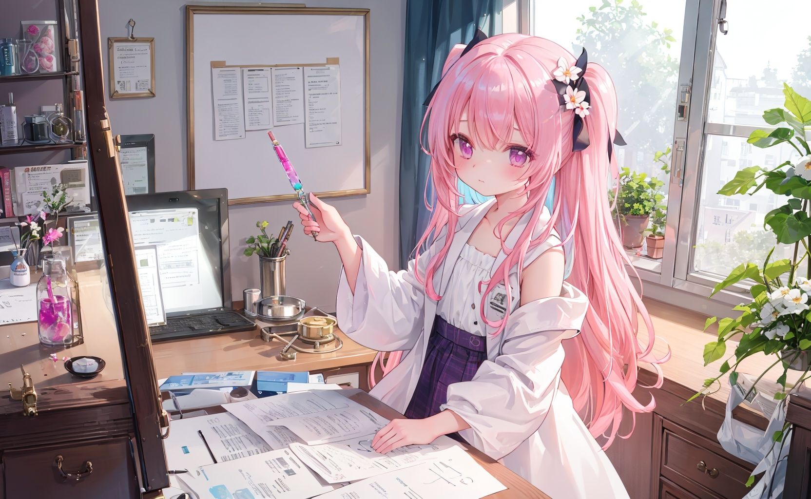 masterpiece, ((best quality)), (ultra-detailed), (illustration), an extremely delicate and beautiful, dynamic angle, chromatic aberration,((Medium shot)), ((colorful)),//,1girl,little girl,loli,1girl, pink hair, long hair, hair over one eye, labcoat, purple eye,laboratory, Experimental equipment,test tube, lab,closed mouth, expressionless, from above, indoors, white_room,