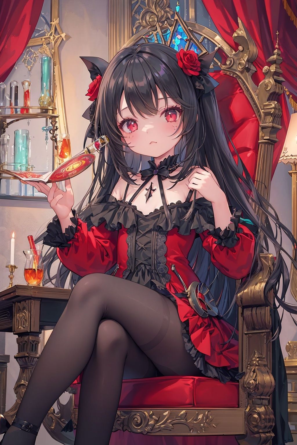 masterpiece, ((best quality)), (ultra-detailed), (illustration), an extremely delicate and beautiful girl, dynamic angle, chromatic aberration, ((colorful)),//,1girls,loli,(petite child:1.1),//,(in Gothic castle),girl with black hair,red eyes,Vertical pupil,long hair,hair arrangement,(Detailed face description),(batwing),(Gothic Lolita),(bat tail),alccandlestick,Cathedral glass,The Alchemy Room,Alchemical reagent,Test tube,grimoire,short skirt,black pantyhose,red lace,high heels,rose tattoo,throne,sitting,crossed legs,//,