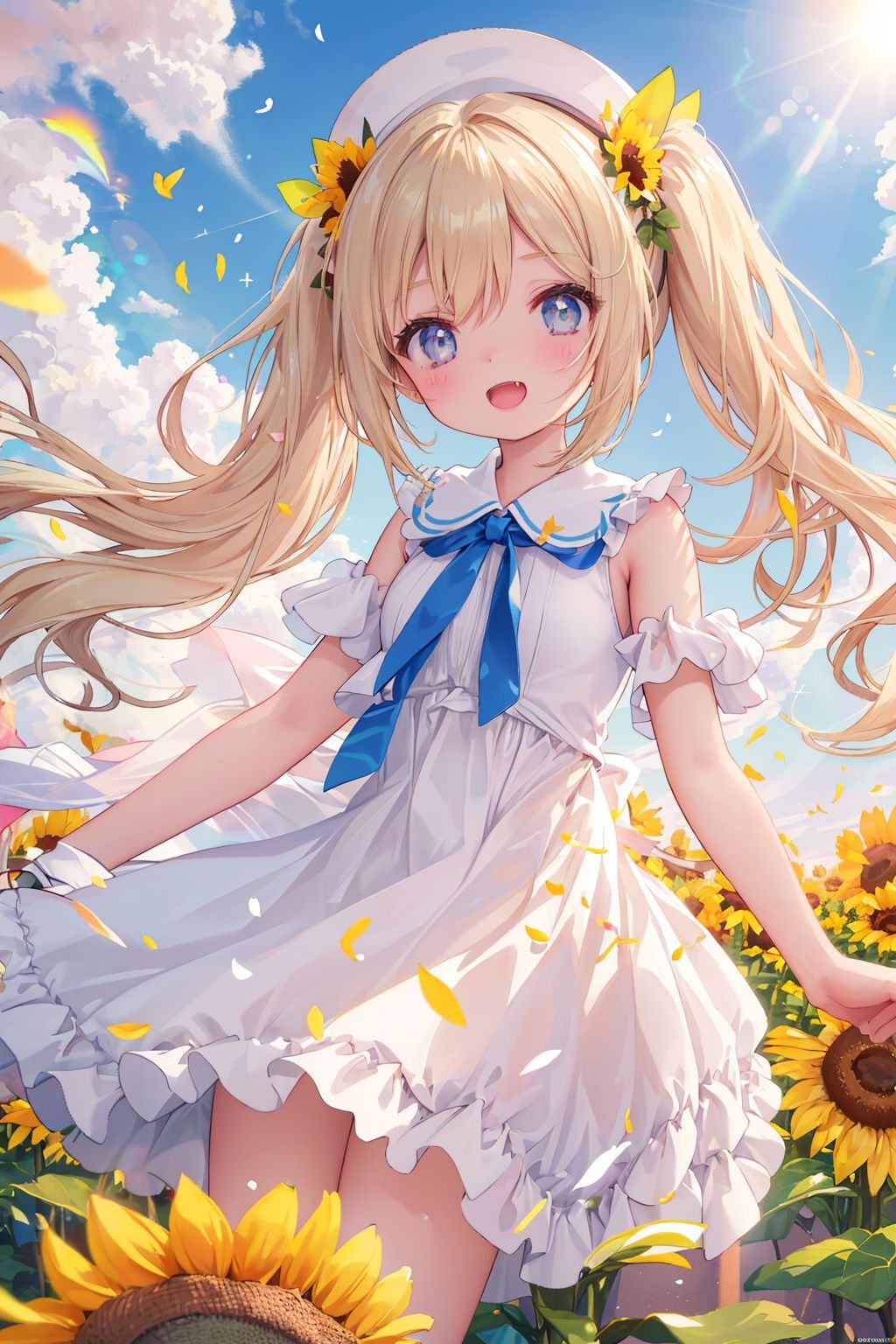 masterpiece, ((best quality)), (ultra-detailed), (illustration), an extremely delicate and beautiful girl, dynamic angle, chromatic aberration, ((colorful)),movie,1girls,loli,little girl,petite child,//,lens flare,dramatic, coastal,pale-blonde hair, blue eyes,very long twintails,white hat,blue sky,laugh,double tooth,fang,floatingflying petal, flowery field, sky, sun,field, sunflower , //, (strong rim light:1.2), god light, Tyndall effect, bloom, glowing,(lens flare,ray tracing:1.2),depth of field, blurry foreground,