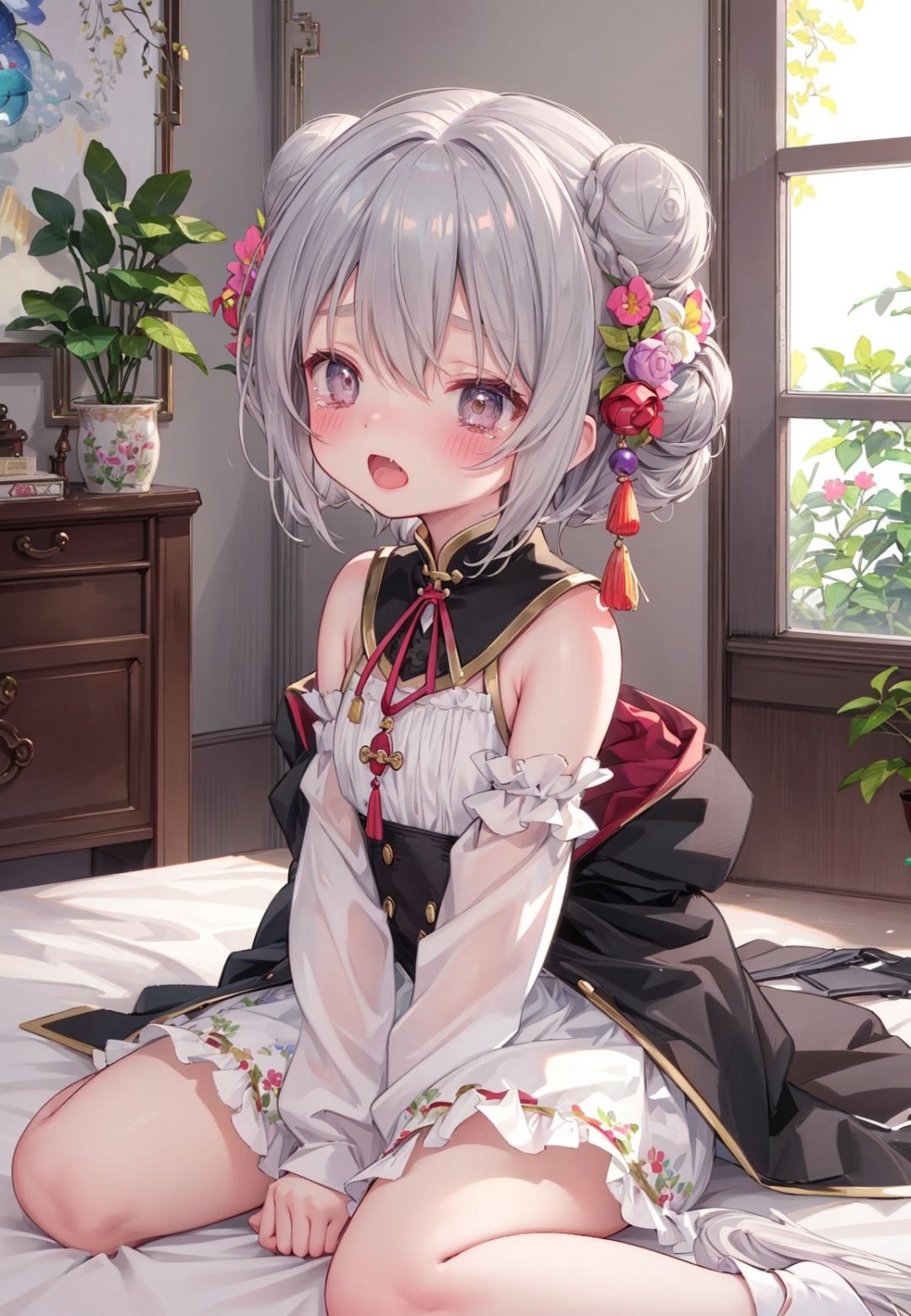 //masterpiece, ((best quality)), (ultra-detailed), (illustration), an extremely delicate and beautiful, dynamic angle, chromatic aberration,((Medium shot)), ((colorful)),//,(loli:1.2),petite child,double bun,chinese clothes,bloomers,black coat,night,indoors, grey hair, (purple hair:0.5), //,sitting,wariza,(half-closed eyes:1.1), shy,blush,tears in eyes,open mouth,(yawning:1.1),fang,arms between legs, hand between legs,= =, grey eyes, 