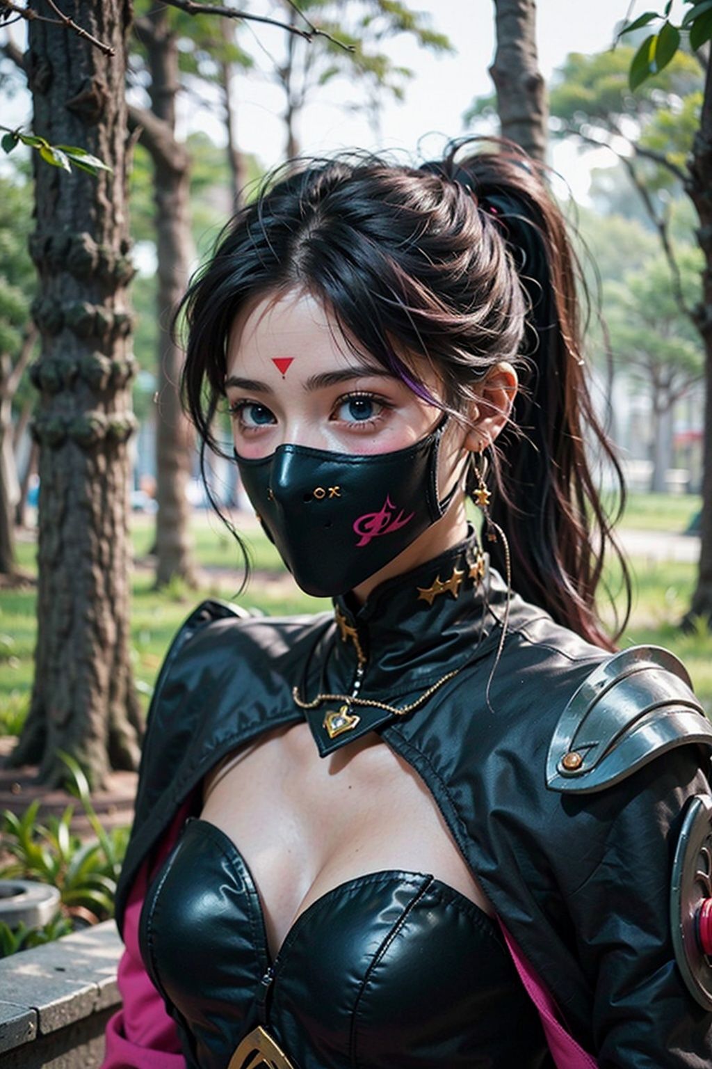 1 girl,TA,1girl,long_hair,photo_\(medium\),photo_background,solo,8k,best quality,masterpiece,extremely detailed,(realistic, photo-realistic:1),(((black mask))),blue eyes,(pointy_ears),cape,armor,,((pantyhose)),,,(Purple Hair),(single ponytail),((High-heeled shoes)),,(((Deep Forest))),Sakura,(upper body:1.5)