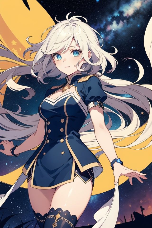 masterpiece, best quality, finely detail, illustration,1 girl, solo, (seductive smile:0.3), thighhighs, detailed face, detailed eyes, stars in hair, messy floating hair, colored inner hair, Starry sky adorns hair