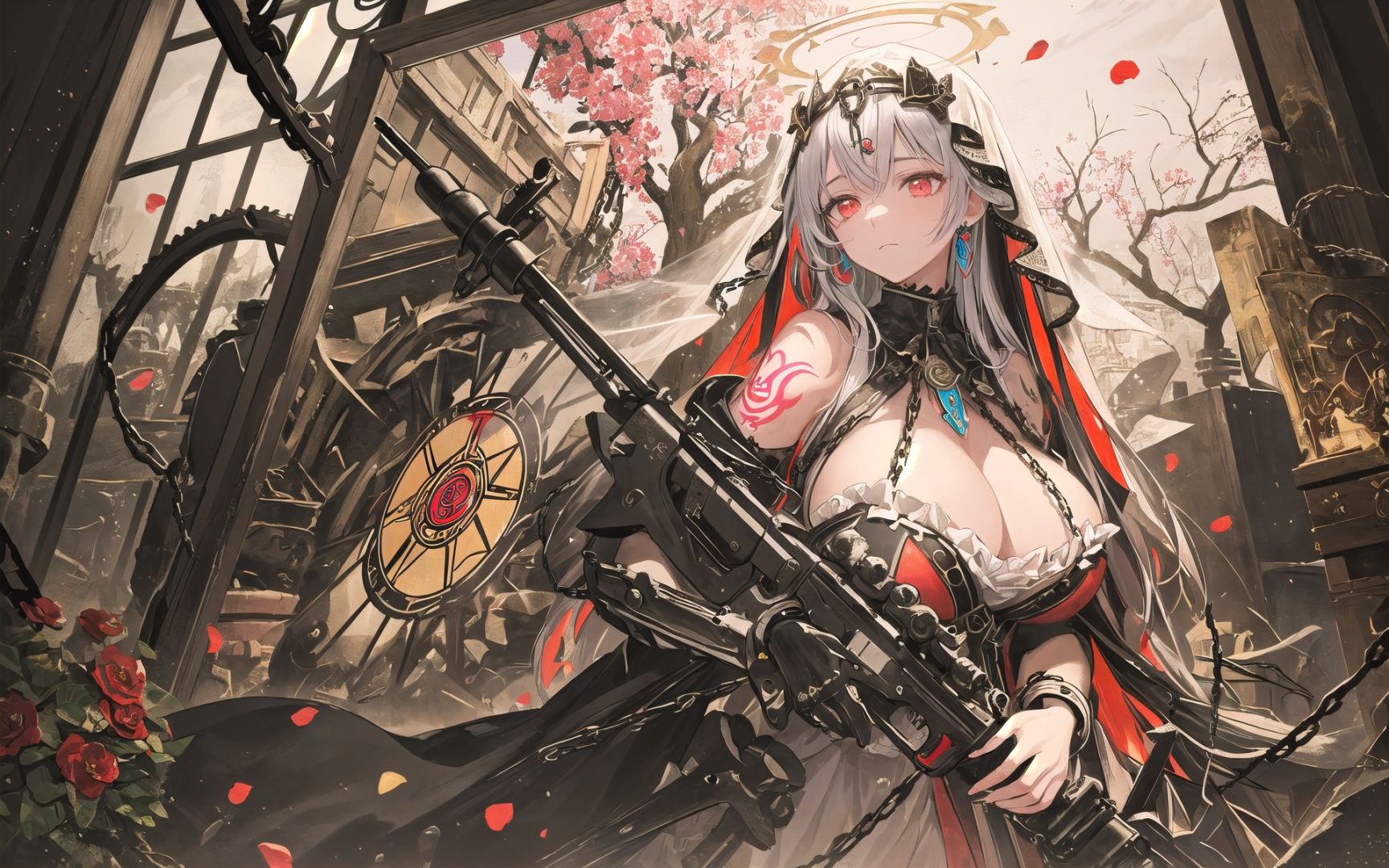 ((masterpiece:1.4, best quality))+, (ultra detailed)+,(steampunkai:0.8), (Maximalism:1.8), vivid contrast, Gustav Klimt, Gustave Moreau,BREAK(realistic:1.3), super photo realistic illustration, highres, ultla detailed, absurdres, (from side:1.3),extremely beautiful machine goddess (holding many guns:1.5), (Zentangle:1.5), (angel halo:1.5),(detailed machine body with glowing lights:1.5), (attached huge machines, attached huge guns:1.5),(detailed mechanical arms, detailed mechanical legs:1.3),(detailed mechanical many wings, musket rifles, heavy weapons:1.8), (large magic circles around:1.8),ultra detailed beautiful face and eye, (tattoos, painted body:1.5),white hair, red eyes,(wearing detailed mechanical dress with many large gears and jewelries and frills, detailed mechanical white veil:1.5),BREAK(god bless you:1.3),compassionate expression, empathetic, caring, kind,content expression, satisfied, pleased, gratified,thoughtful expression, pensive, reflective, contemplative,determined expression, resolute, purposeful, firm,BREAKwhite background,(collapsed machine chapel, cathedral ruin, stained glass, many magic circles:1.3),fine sky, rainbow, colorful clouds in the sky,many machines, many gears, broken machines, cables,(mechanical angels in sky with trumpets:1.2),(big tree:1.5), tree root, tree branch, blood vessel, vein,(colorful flowers:1.5), (jewelries, chains:1.5),heavy rain, water drop, water ripple, cropped fabrics,BREAK(colorful:1.5), glowing lights, pillar of lights, blooming light effect,papier colle, paper collage, layered compositions, varied textures, abstract designs, artistic juxtapositions, mixed-media approach,(Zentangle:1.5), structured patterns, meditative drawing, intricate designs, focus and relaxation, creative doodling, artistic expression,