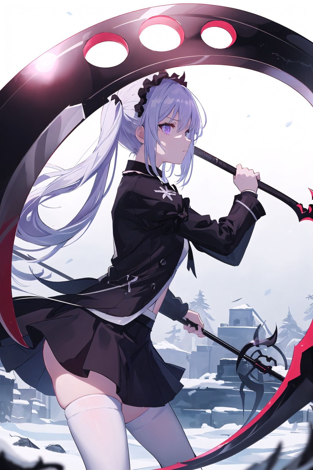 ((masterpiece:1.4, best quality))+, (ultra detailed)+,(ultra detailed eyes),illustration, depth of field, sketch, dark intense shadows, sharp focus, 8k, extremely detailed CG,cute 1girl, silver hair, very long hair, twintails, (black headdress),violet eyes,cold facce,closed mouth,(Attack while brandishing a scythe:1.5),Scythe, (fighting:1.3),standing, (gothic lolita),((white:1.5) thighhighs),zettai ryouiki,ice,snow,fire,dark night,(from side),depth of field, 