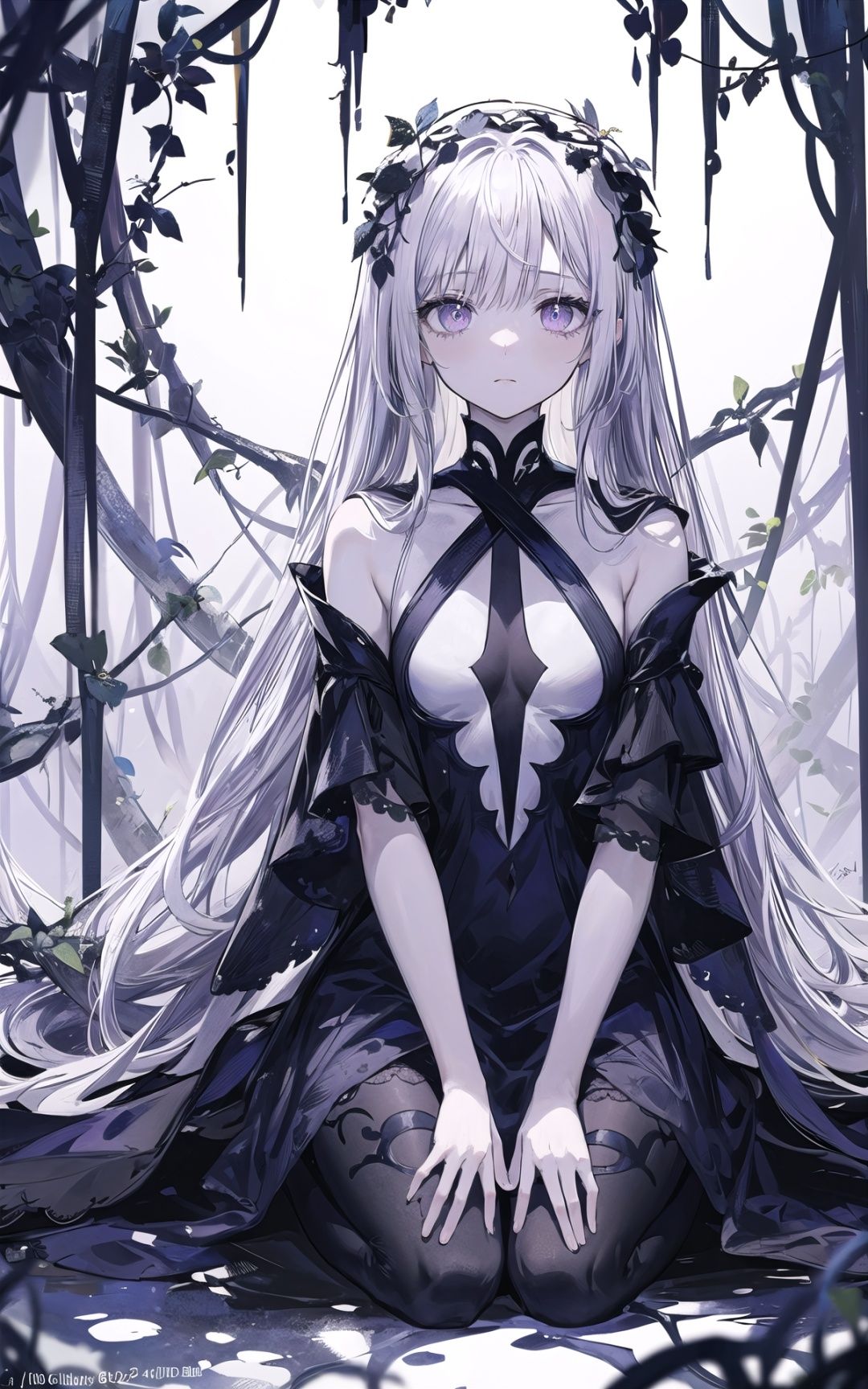 ((masterpiece:1.4, best quality))+, (ultra detailed)+,(ultra detailed eyes)+,(cute 1girl),15 years old,(violet eyes:1.15),silver hair, very long hair,(wariza:1.2),pale skin,closed mouth,sad,(She is dressed in a gown made of intertwining vines:1.5),(flat chest:1.2),(vines dress:1.4),(dress made of vines:1.2),(surrounded by vines:1.4),(despair:1.3),gothic,(dark yellow vines:1.3),leaves,(vines tree:1.1),(dawn light:1.2),violet,(heavy Monochrome:1.16),(depth of field:1.4), <lora:add_detail:0.6>,<lora:NetherRainLora:0.6:color>,