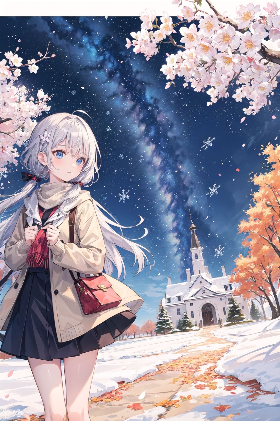 ((masterpiece:1.4, best quality))+, (ultra detailed)+,1girl, (loli:1.4),silver hair, twintails,very long hair,  blue eyes, flat chest, (Geometric Seasons, seasonal patterns, (spring blossoms:1.2), (Milky Way:1.05), (autumn leaves:0.95),(beautiful snowflakes:1.2), geometric landscapes, natural cycles, weather-inspired designs, color palettes:1.5), (rainbow, firework, beautiful butterfly:1.3), (beige:1.4), <lora:add_detail:0.5>