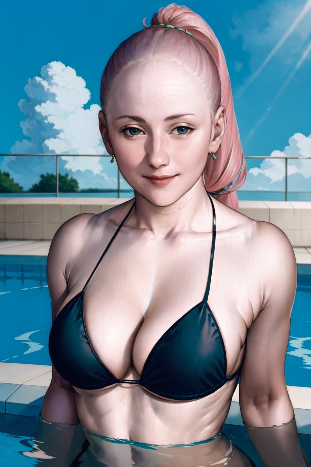 <lora:hhy-000010:.8>,portrait,upper body,bikini,pink hair,ponytail,black eyes,sitting,swimming pool,smile,looking at viewer,1girl,