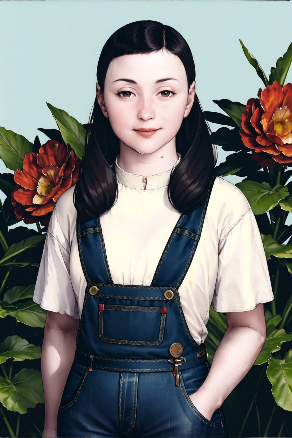 <lora:hhy-000010:.8>,garden as background,portrait,upper body,jeans overall mit,black hair,long hair,brown eyes,standing,smile,looking at viewer,1girl,