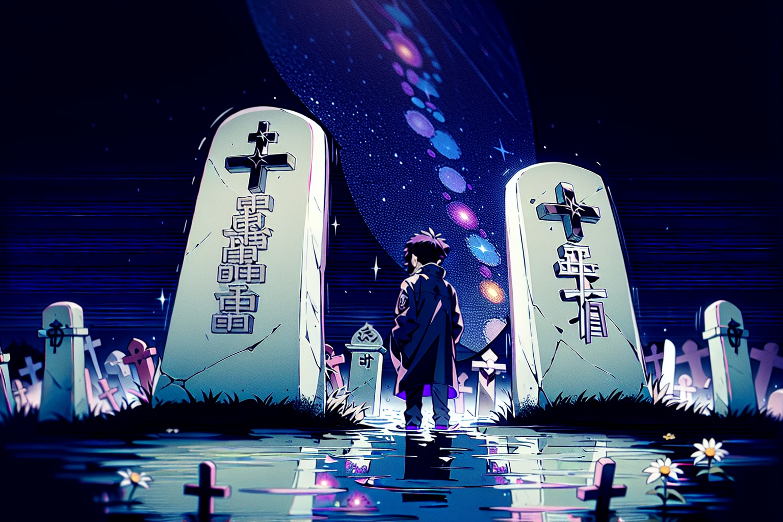 from front, (cowboy shot:1.3), midnight, night, cloudy sky,
BREAK
solo,(boy focus),(1boy:1.55),aged down,(face to viewer and looking at viewer),asymmetrical bangs,(darkred purple starry eyes),(short purple flipped asymmetrical hair:1.2),one side hair pulled back,(naughty face:1.15),warm smile,white shirt,(black technical overcoat with purple line and necktie),long black boots,(stone lantern),
hand in pocket,
(standing in giant tombstones:1.2),
BREAK
[rubble and moss and little flowers everywhere],detialed broken graveyard background,
the surface of the water reflected the bright stars,(prismatic), iridescent