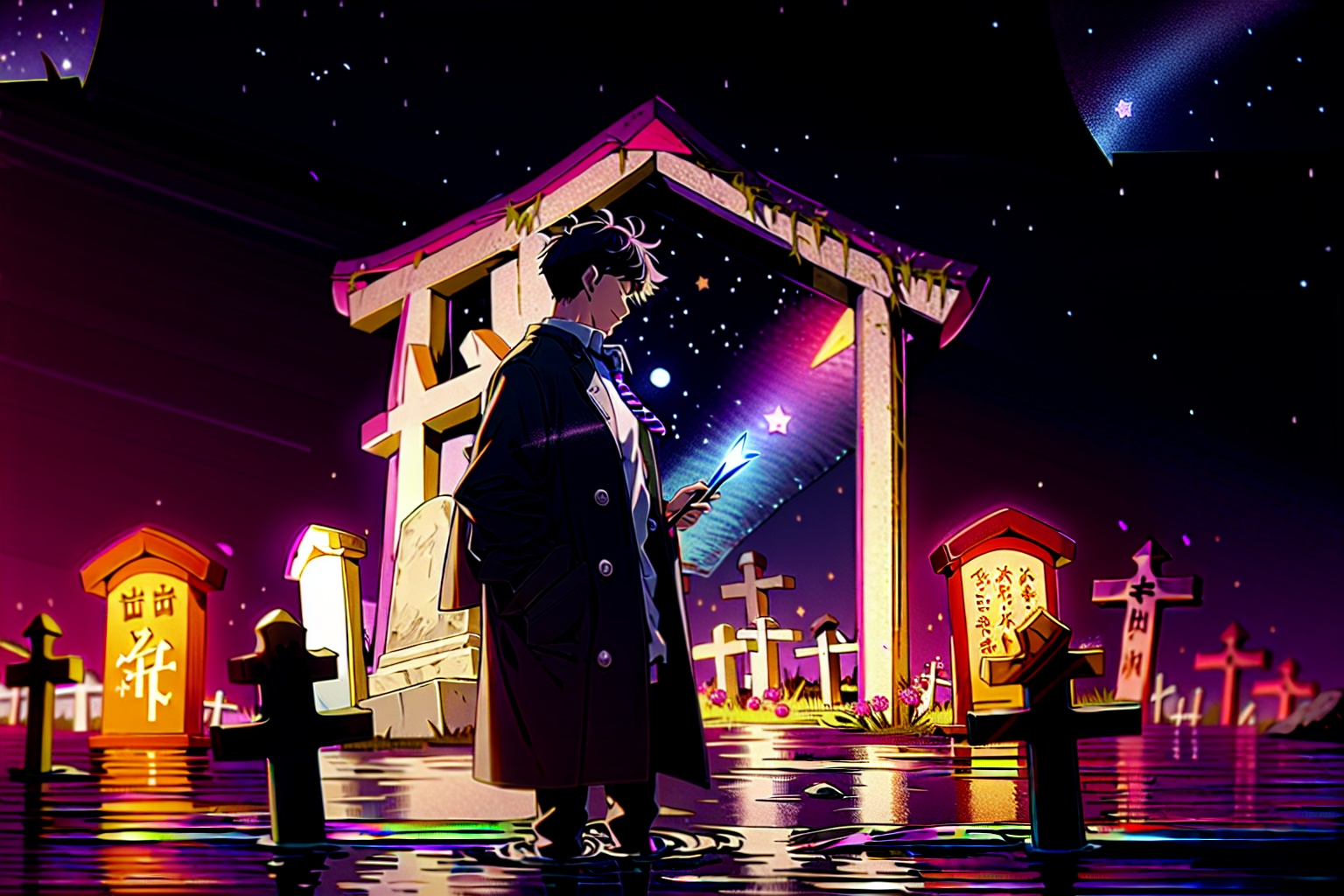 from front, (cowboy shot:1.3), midnight, night, cloudy sky,
BREAK
solo,(boy focus),(1boy:1.55),aged down,(face to viewer and looking at viewer),asymmetrical bangs,(darkred purple starry eyes),(short purple flipped asymmetrical hair:1.2),one side hair pulled back,(naughty face:1.15),warm smile,white shirt,(black technical overcoat with purple line and necktie),long black boots,(stone lantern),
hand in pocket,
(standing in giant tombstones:1.2),
BREAK
[rubble and moss and little flowers everywhere],detialed broken graveyard background,
the surface of the water reflected the bright stars,(prismatic), iridescent