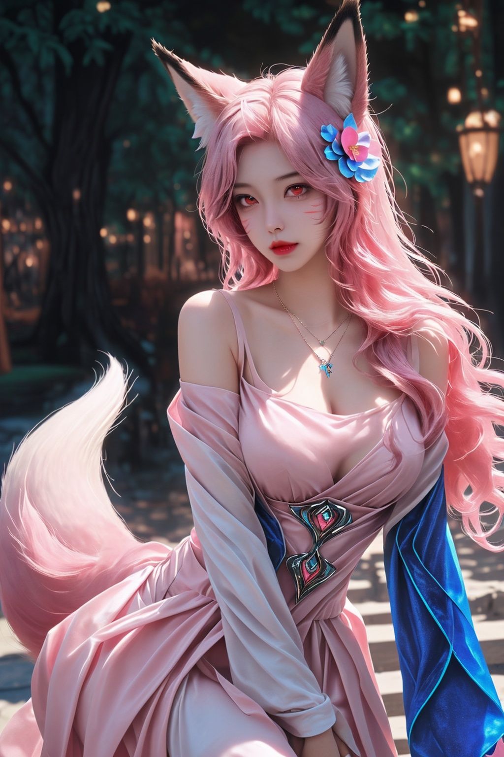 1girl, animal_ears, fox_ears, fox_tail, tail, solo, long_hair, hair_ornament, breasts, ahri, facial_mark, dress, necklace, hair_flower, pink_hair
