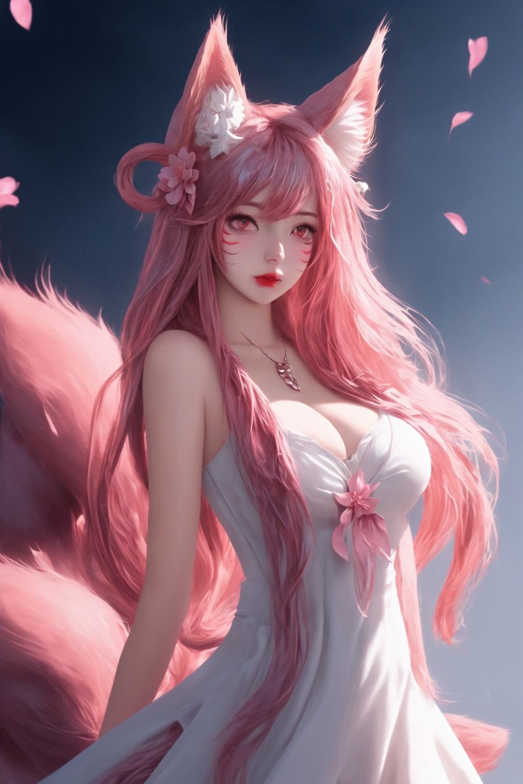 1girl, animal_ears, fox_ears, fox_tail, tail, solo, long_hair, hair_ornament, breasts, ahri, facial_mark, dress, necklace, hair_flower, pink_hair