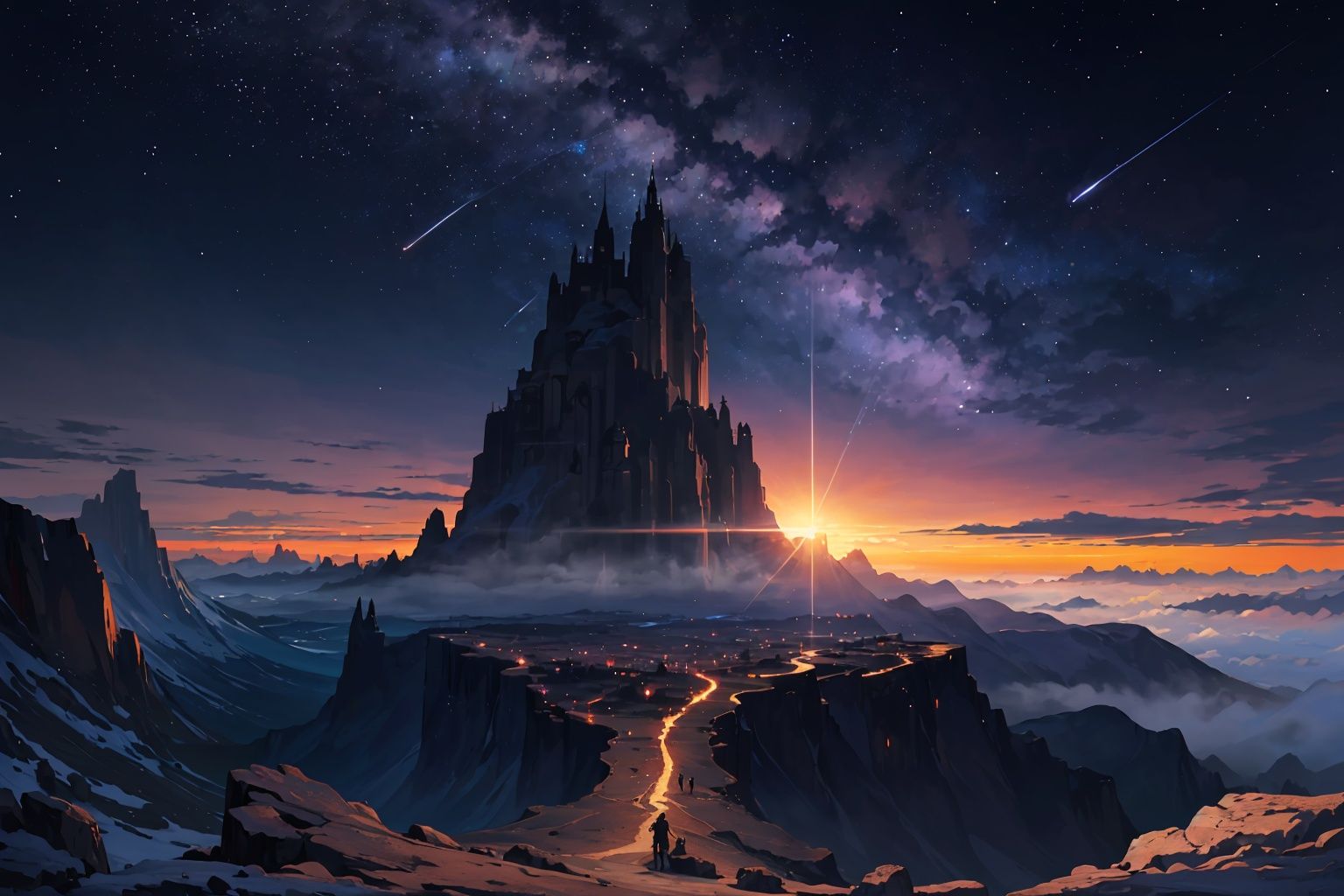 (masterpiece:1.1),(best quality:1.2),(ultra highres:1.0),(((best quality))),(((ultradetailed))),(((masterpiece))),(no human),illustration, landscape, sunset,meteor shower, romantic,dramatic, picturesque, breathtaking, radiant,gorgeous, scenic, panoramic,dreamy,fairytale, whimsical,vast sky, bright colors, purplish clouds,sunrays busting through
