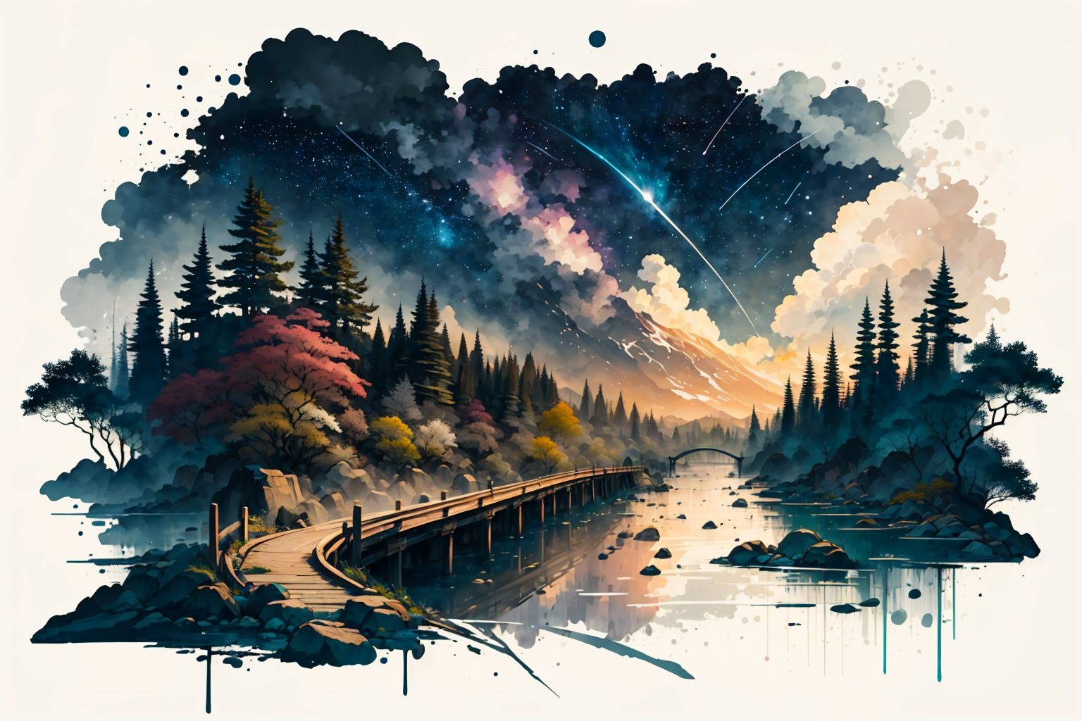white background, ((masterpiece)), best quality, (8k, best quality, masterpiece:1.2), super detail, a bridge across the river,  landscape, no humans, sadness,oil painting \(medium\) fake sky,(multiple fake stars falling from sky:1.2),floating star shape falling down,broken ground ,<lora:Ink scenery:1.0>