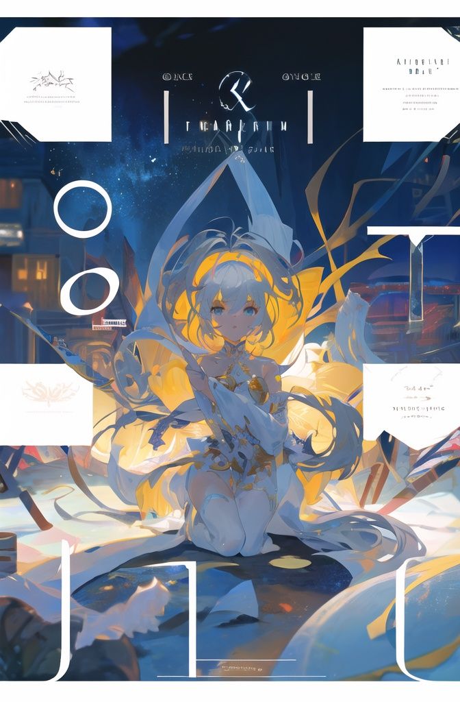 ((masterpiece)), (best quality), (ultra detailed), (highres), highly detailed, complex details, illustration cover, intricate detail, cover, text, logo, colorful, figure, intricate, highres, magazine cover, Leading text, various_hairstyle, concept_art, floating_object, layout, Dojinshi, Graphic Design, loli, poster art, cover page, cute girl, cover page, detailed background, letterboxed, Multiplex, layout, Detailed text, solo focus, Extra Large Font Size, Font Design, bright coloured, 1girl, Cute figure, (geometry: 0.2), Repetitive constitution, dynamic angle, detailed background, beautiful detailed sky, Theme Room, background is fantasy, vibrant nebula sky, scenery, caustics, glowing particles, Strong contrast, night