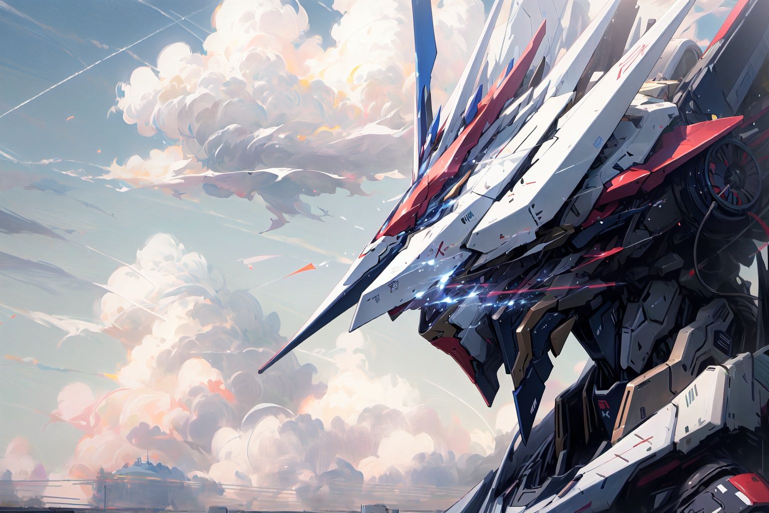 masterpiece,best quality,Mecha,Ultra-high resolution,(Fidelity:1.4),8KWallpaper,Blue Sky,white clouds