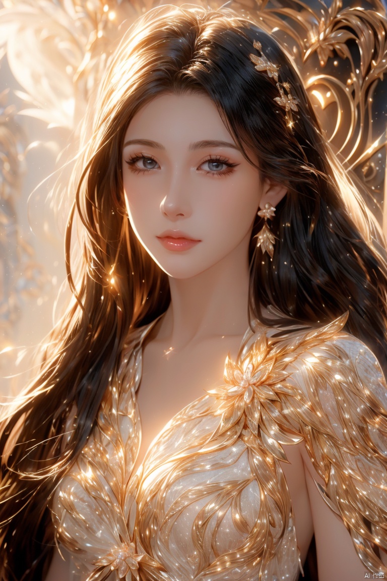  Best quality, masterpiece, ultra high res, (photorealistic:1.2), a girl,Depth of field, golden hour, (rim lighting:1.1), soft shadows, vibrant colors, hazy glow, painterly effect, dreamy atmosphere,A clear face,Black hair, long hair, straight hair, white clothes,Medium-sized,gemstones,ornaments,flash,diffusion