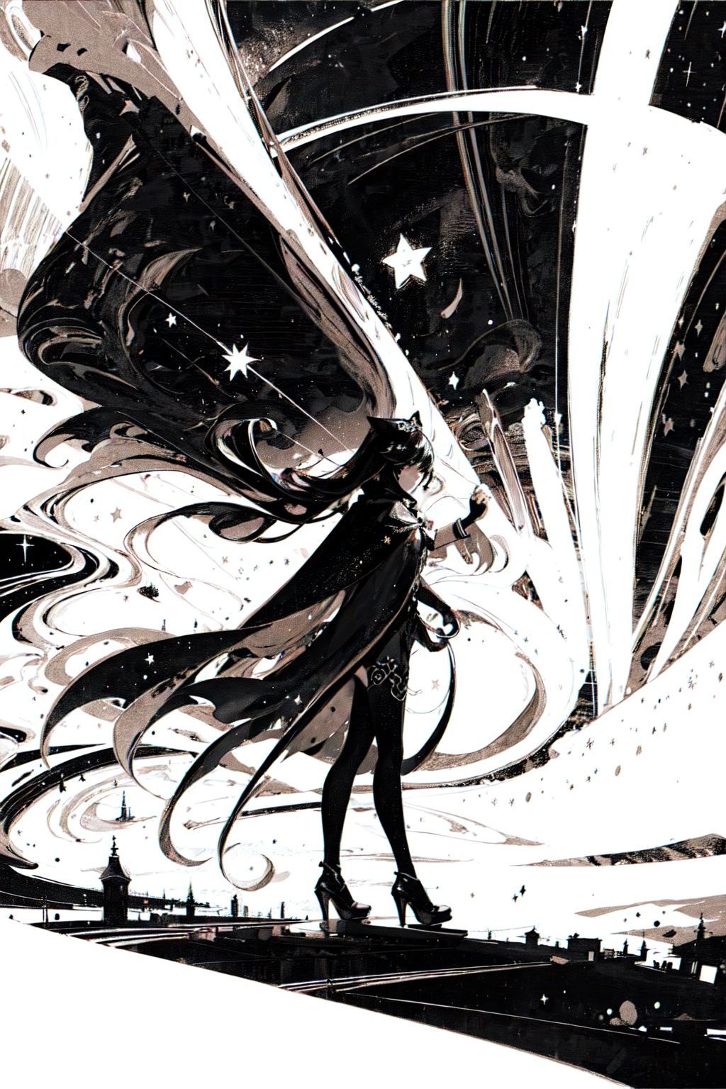 1girl, <lora:YingY-000018:1>monochrome,cape,piano,starry,sky