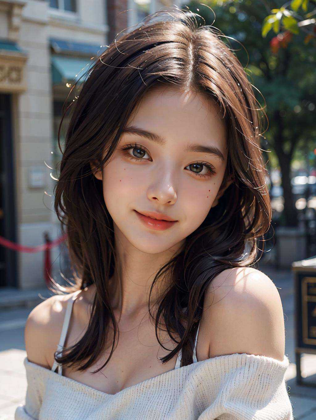 1girl, offshoulder, smile, cute, waist upbest quality, masterpiece, (photorealistic:1.4)  