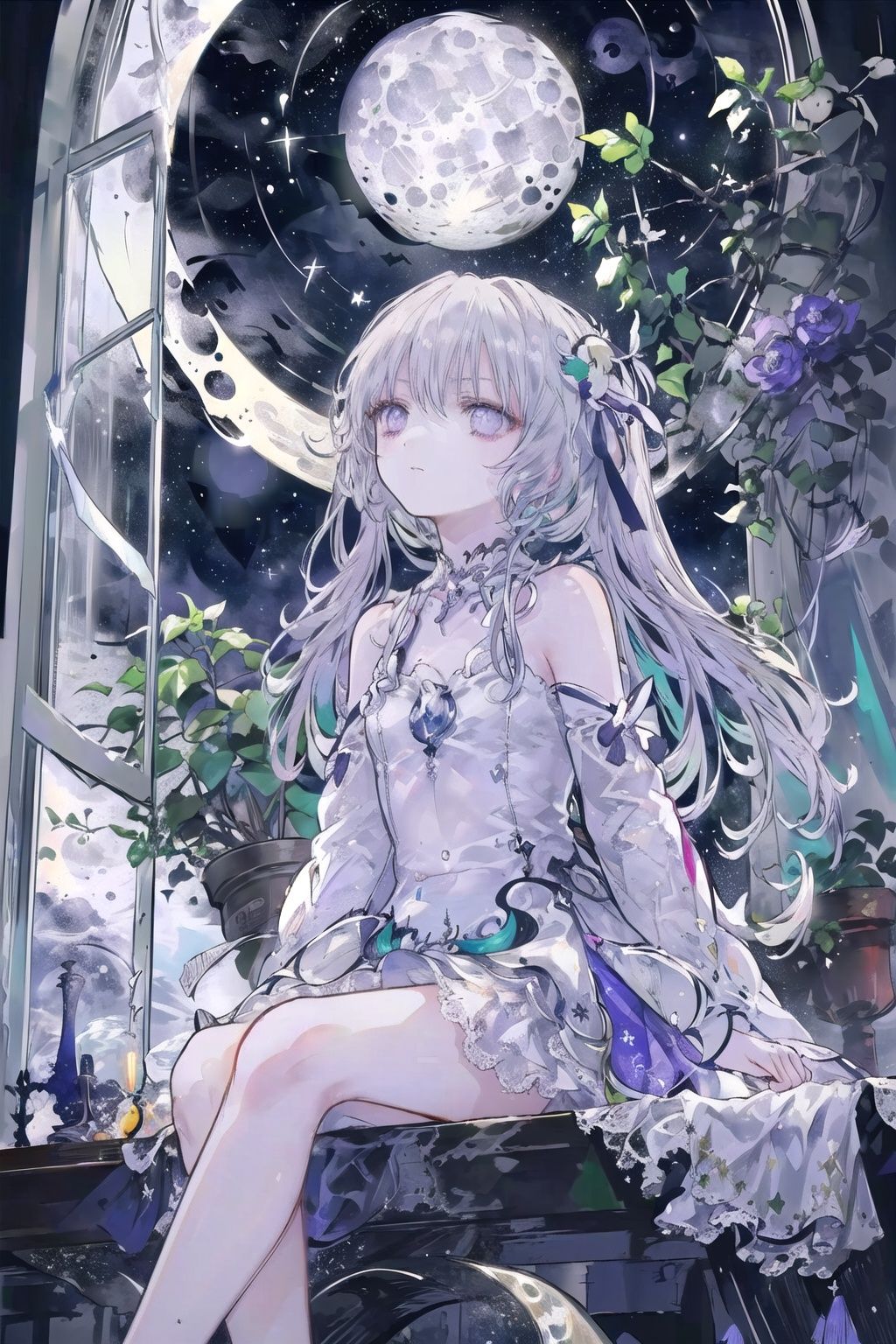 ((masterpiece:1.4, best quality))++, (ultra detailed)+,(finely detailed kawaii best quality),(best quality, masterpiece:1.3), (ultra detailed,extremely detailed and beautiful:1.2),finely resolution,(fantasy medieval times:1.2),(from below,she looking up at moon:1.5),cute 1girl,(solo:1.3),(flat chest:1.2),([white:blue mesh:0.5] long hair:1.5),(gothic lolita),ribbon,choker,(look down,turn pale,sad,scared,closed mouth:1.2),(dark night and sky,green moonlight top of view:1.5),(looking up at moon,sitting on the windowsill:1.5),in room,open window background, wind, fluttering lace curtains, one scene,(violet eyes:1.4),(there is only one moon in the sky), <lora:人物祈白004:0.8>