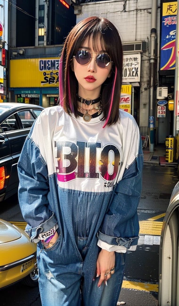 (90s fashion:1.5),(retro photography),(girl:1.2),(Japan:1.4),(nostalgic vibes:1.3),(urban street:1.3),(full-body shot:1.444),(street photography),(vintage look),(solo),(dynamic pose),(90s hairstyle:1.2),(bold and colorful outfit),(denim jacket with patches),(baggy jeans),(sneakers with vibrant colors),(retro accessories:1.15),(choker necklace),(oversized sunglasses),(scrunchie in hair),(graphic t-shirt:1.1),(pop culture reference),(walkman in hand),(90s graffiti backdrop),(authentic street art),(neon signs and billboards:1.2),(old school arcades),(vintage cars),(cassette tapes),(authentic 90s atmosphere),(nostalgic color grading:1.2),(film grain effect),(capturing the essence of the era)