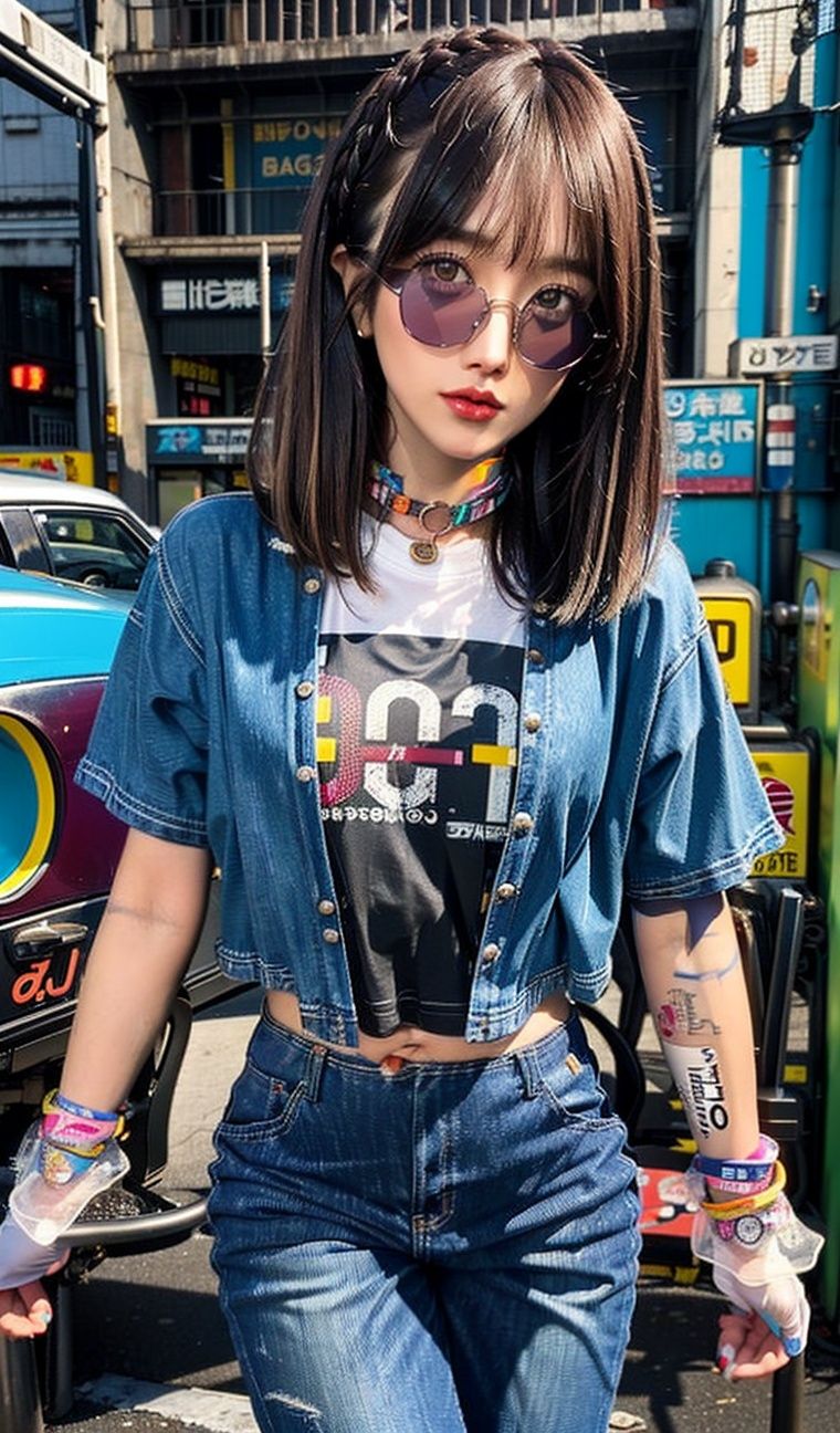 (90s fashion:1.5),(retro photography),(girl:1.2),(Japan:1.4),(nostalgic vibes:1.3),(urban street:1.3),(full-body shot:1.444),(street photography),(vintage look),(solo),(dynamic pose),(90s hairstyle:1.2),(bold and colorful outfit),(denim jacket with patches),(baggy jeans),(sneakers with vibrant colors),(retro accessories:1.15),(choker necklace),(oversized sunglasses),(scrunchie in hair),(graphic t-shirt:1.1),(pop culture reference),(walkman in hand),(90s graffiti backdrop),(authentic street art),(neon signs and billboards:1.2),(old school arcades),(vintage cars),(cassette tapes),(authentic 90s atmosphere),(nostalgic color grading:1.2),(film grain effect),(capturing the essence of the era)